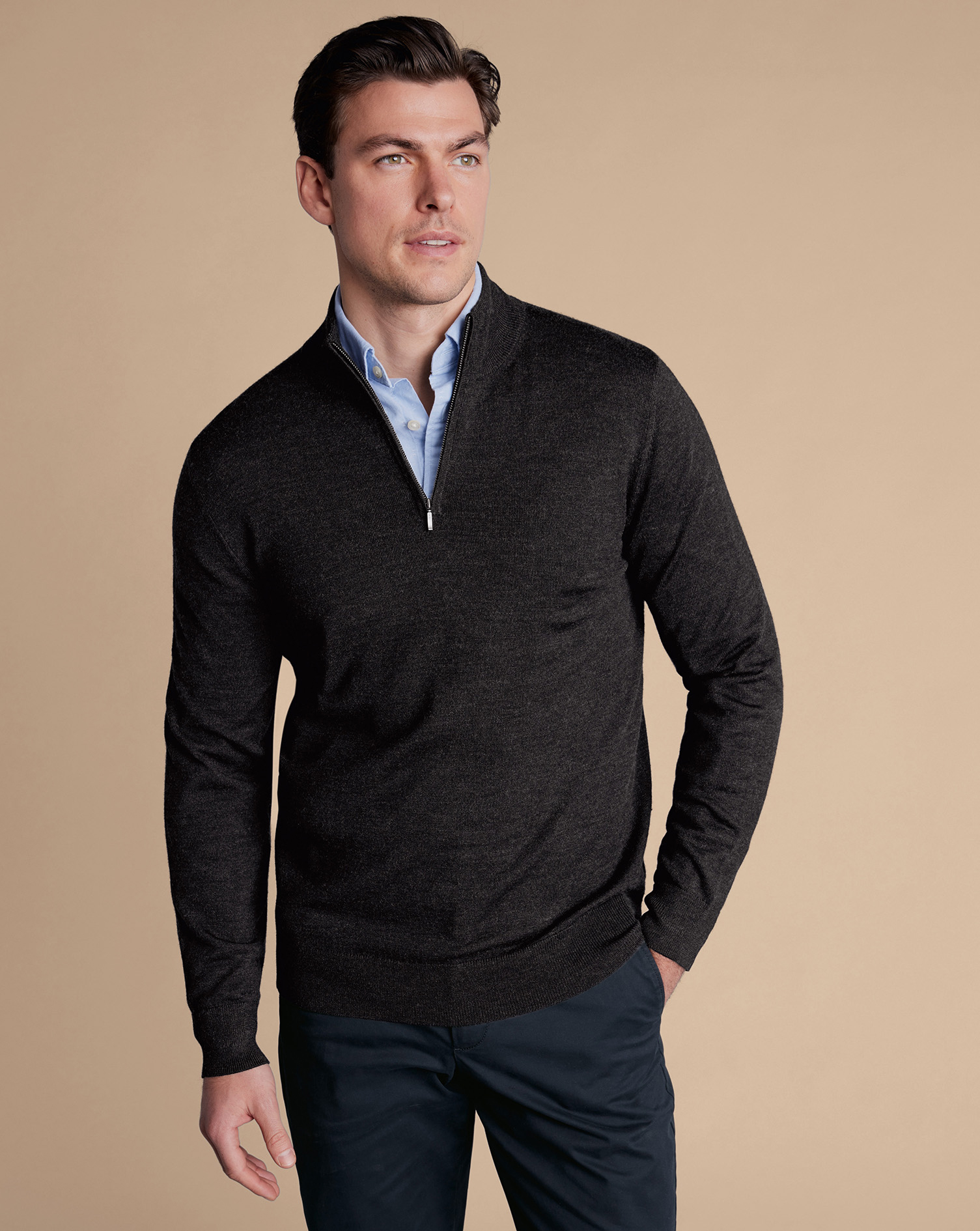 Men's Charles Tyrwhitt Zip Neck Sweater - Charcoal Grey Size Large Merino
