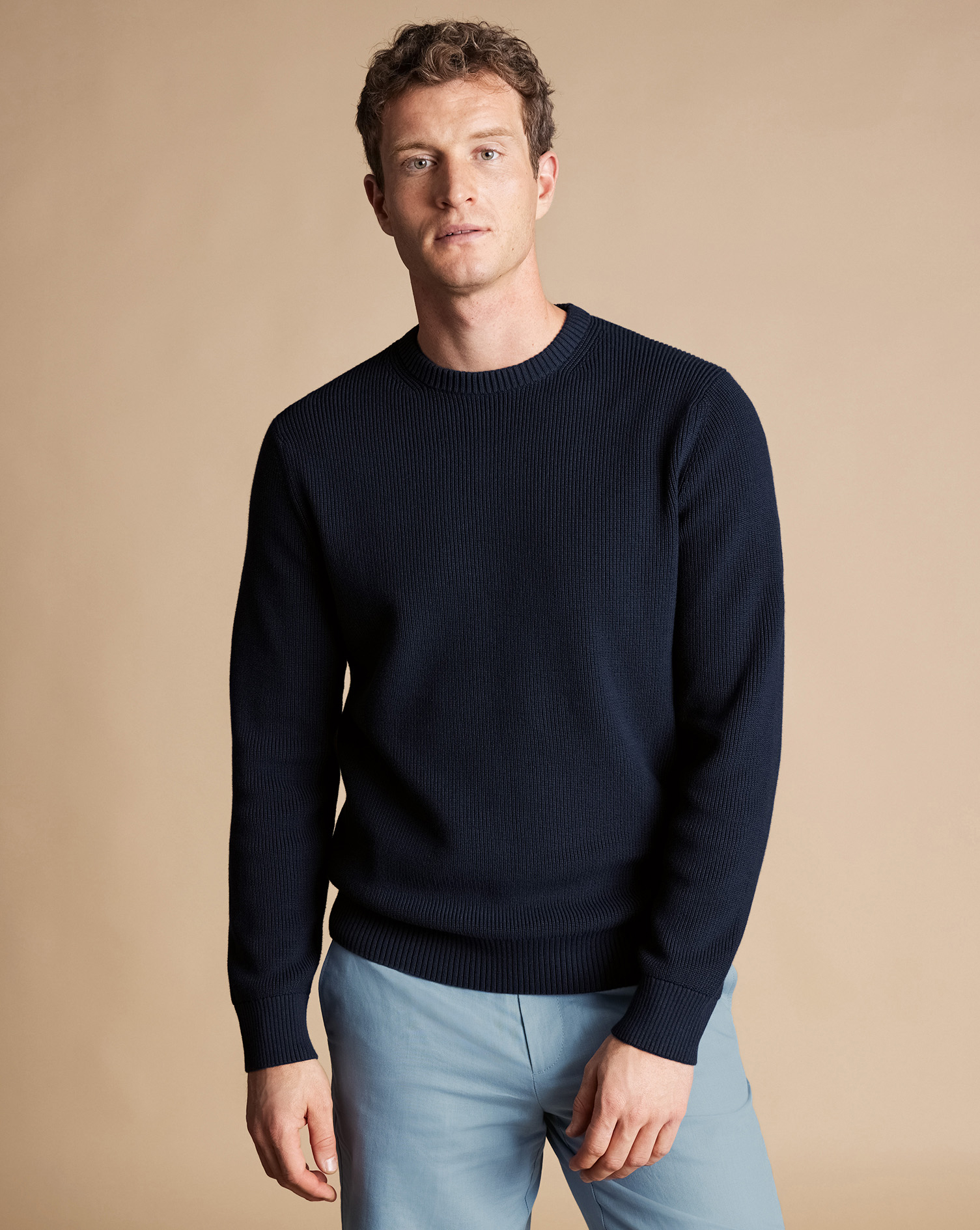 Men's Charles Tyrwhitt Rib Crew Neck Sweater - Navy Blue Size XXL Cotton
