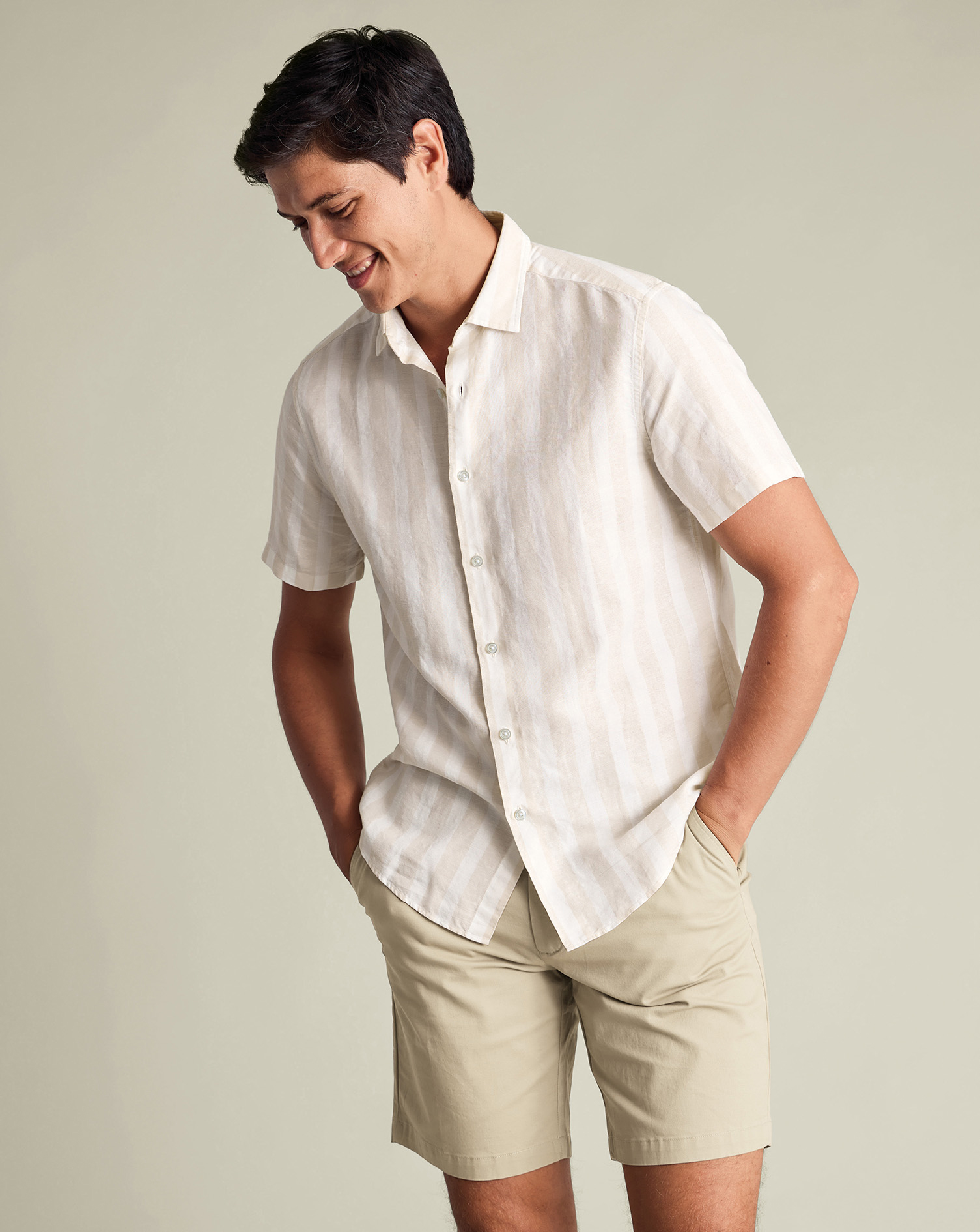 Short Sleeve Cotton Linen Stripe Shirt - Stone | Charles Tyrwhitt US