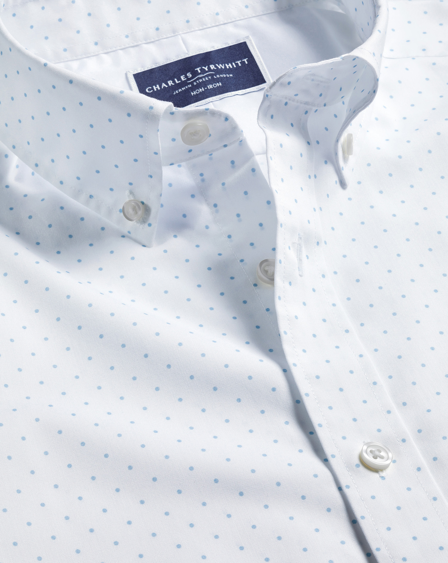 Charles Tyrwhitt Men's  Button-down Collar Stretch Spot Print Short Sleeve Casual Shirt In Blue White