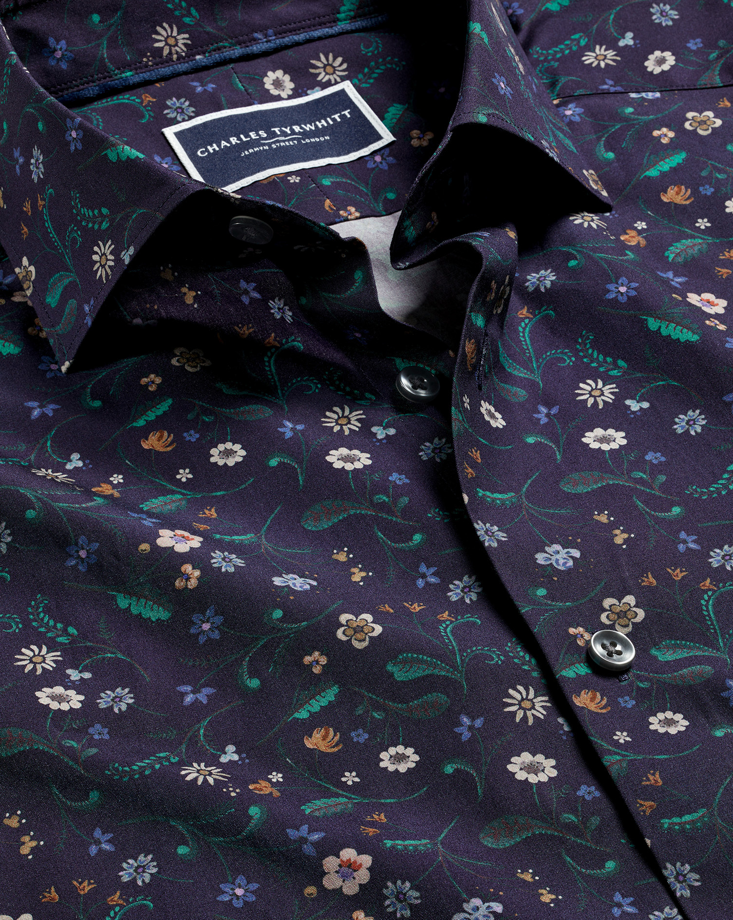 Men's Charles Tyrwhitt Made With Liberty Fabric Floral Print Semi-Cutaway Collar Shirt - Navy Blue S