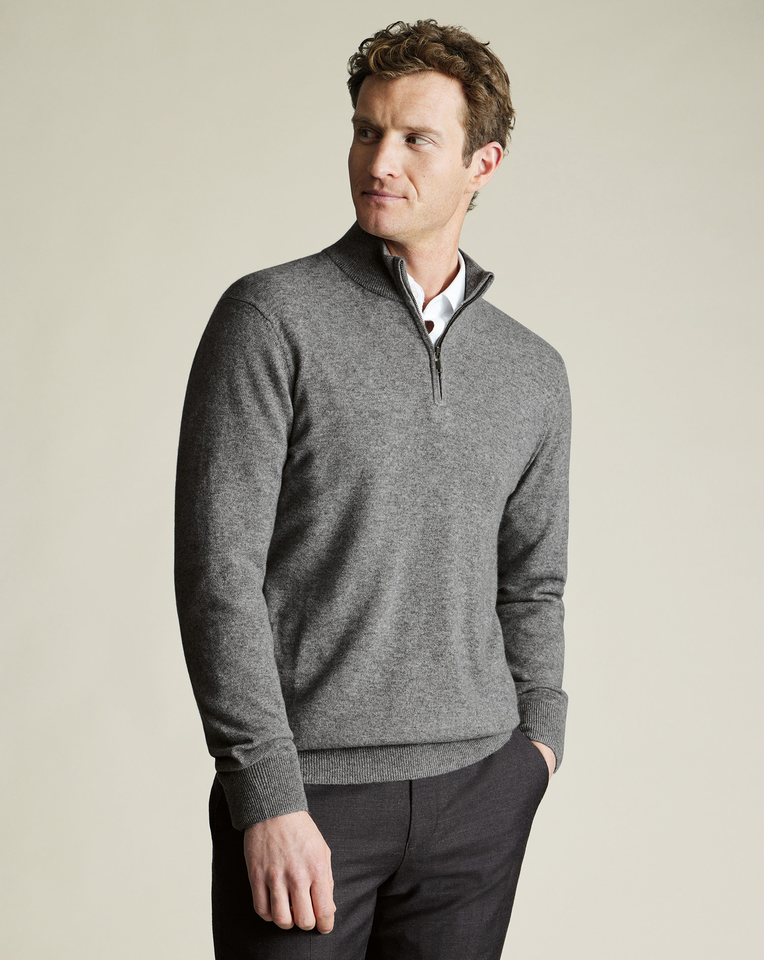 Men's Pure Cashmere Zip Neck Jumper - Grey, Small by Charles Tyrwhitt