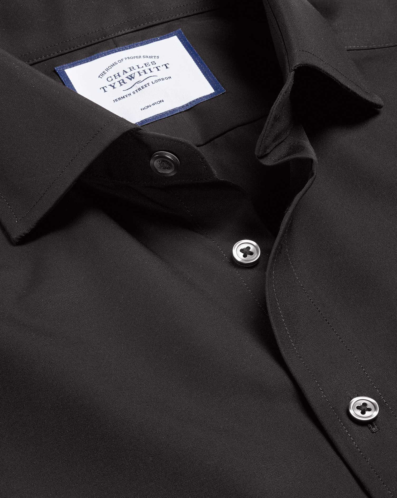 Men's Charles Tyrwhitt Cutaway Collar Non-Iron Poplin Dress Shirt - Black Single Cuff Size Large Cot