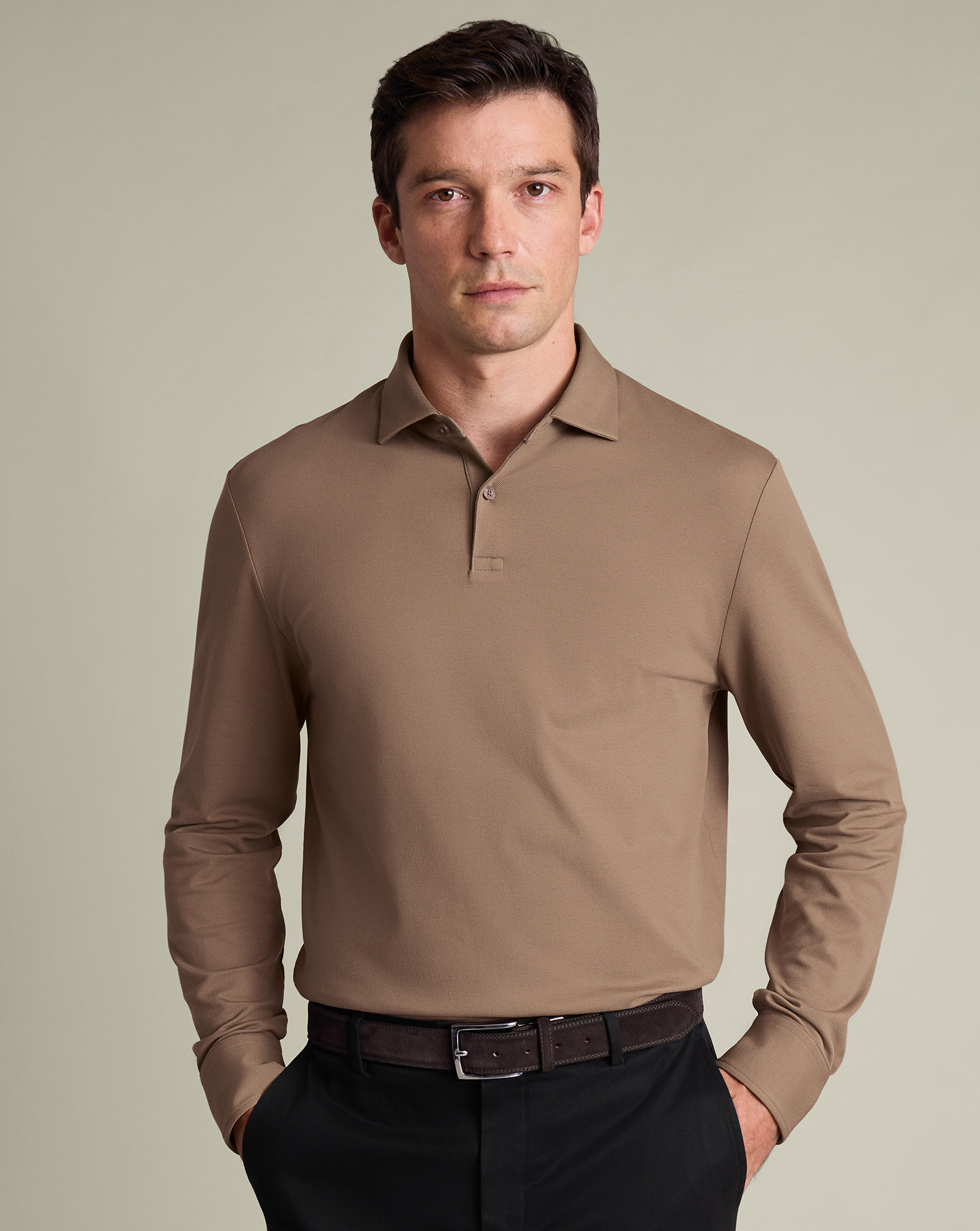 Long Sleeve Smart Pique Polo - Camel | Charles Tyrwhitt US