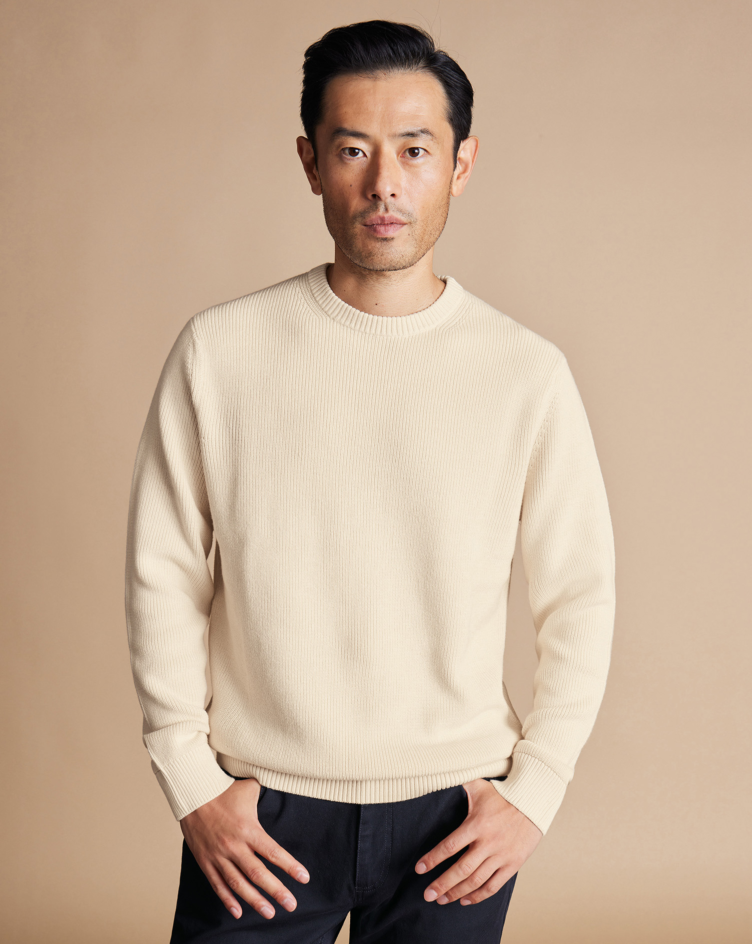 Men's Charles Tyrwhitt Rib Crew Neck Sweater - Cream Neutral Size XL Cotton
