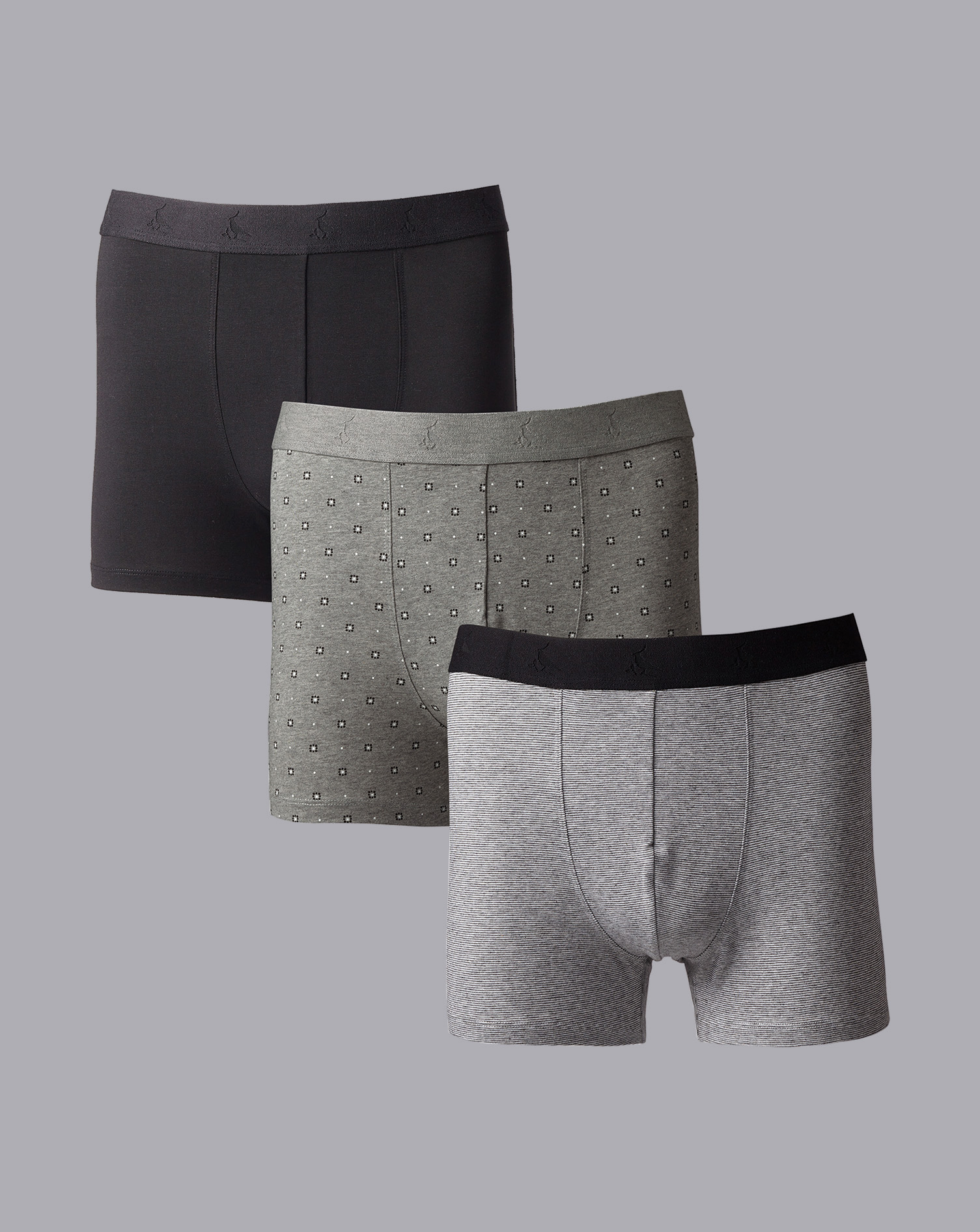 Men's Charles Tyrwhitt 3 Pack Patterned Cotton Stretch Jersey Trunks - Light Grey Size XXL
