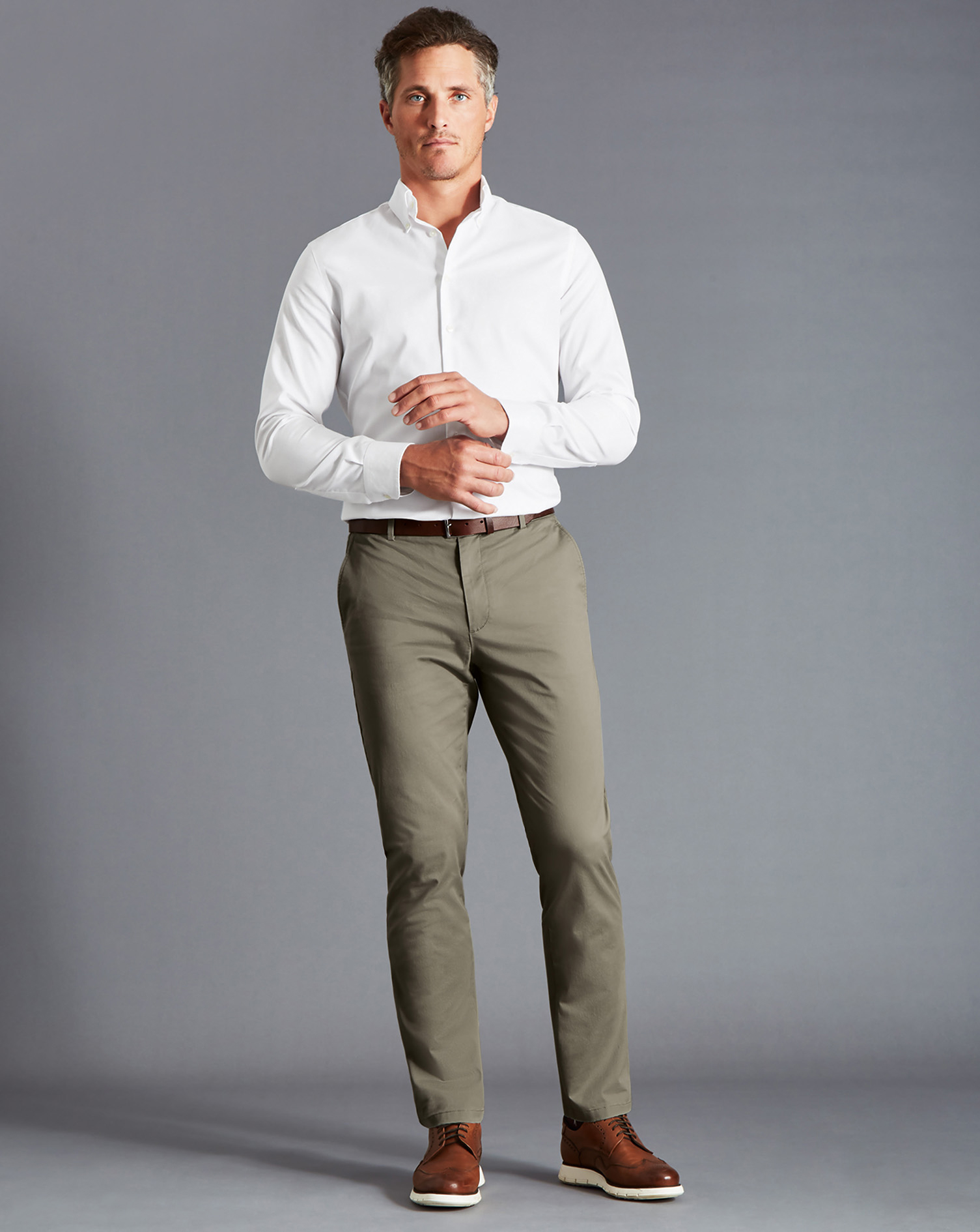 Men's Charles Tyrwhitt Lightweight Trousers - Sage Green Size W40 L32 Cotton

