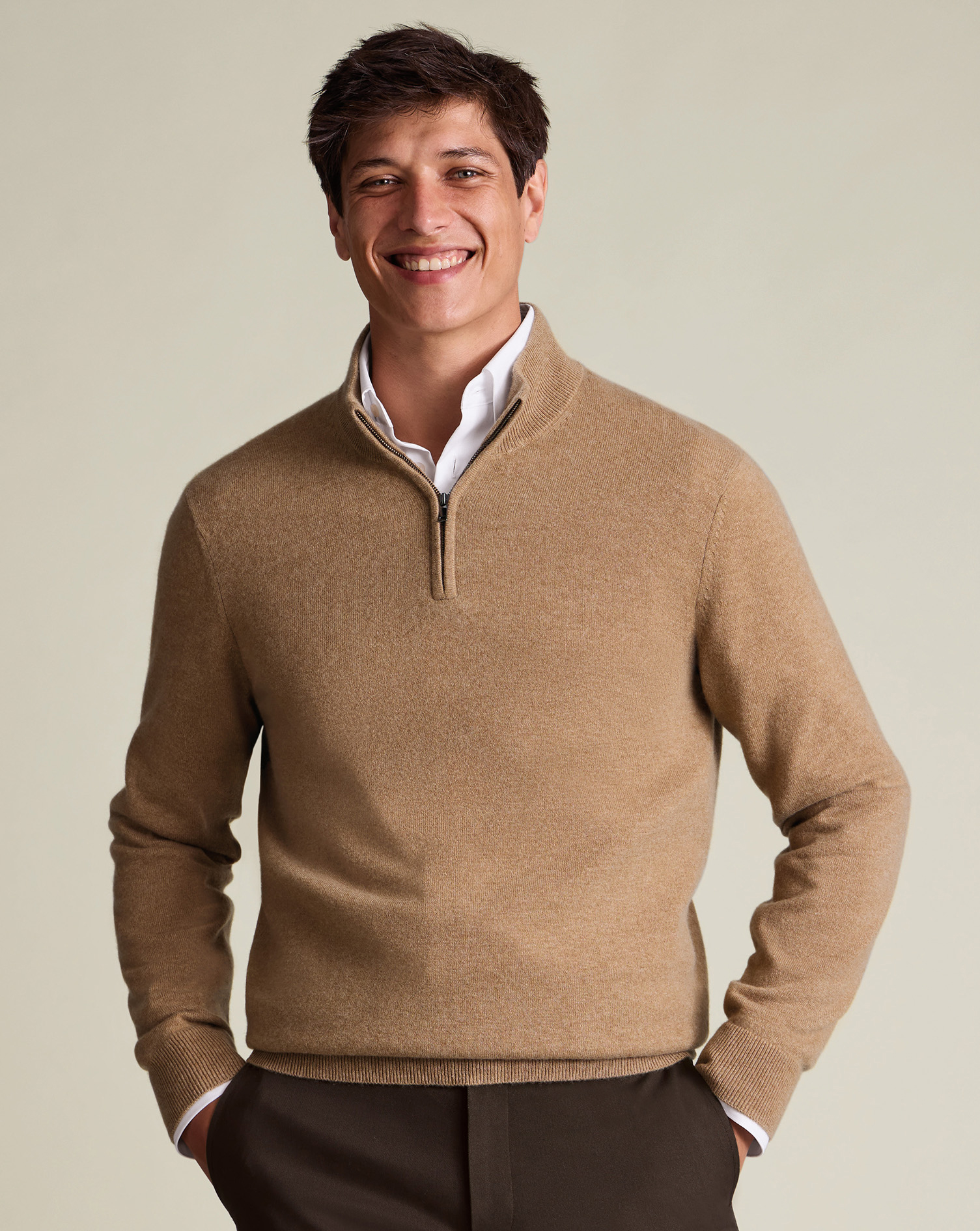 Men's Pure Cashmere Zip Neck Jumper - Tan Brown, Small by Charles Tyrwhitt