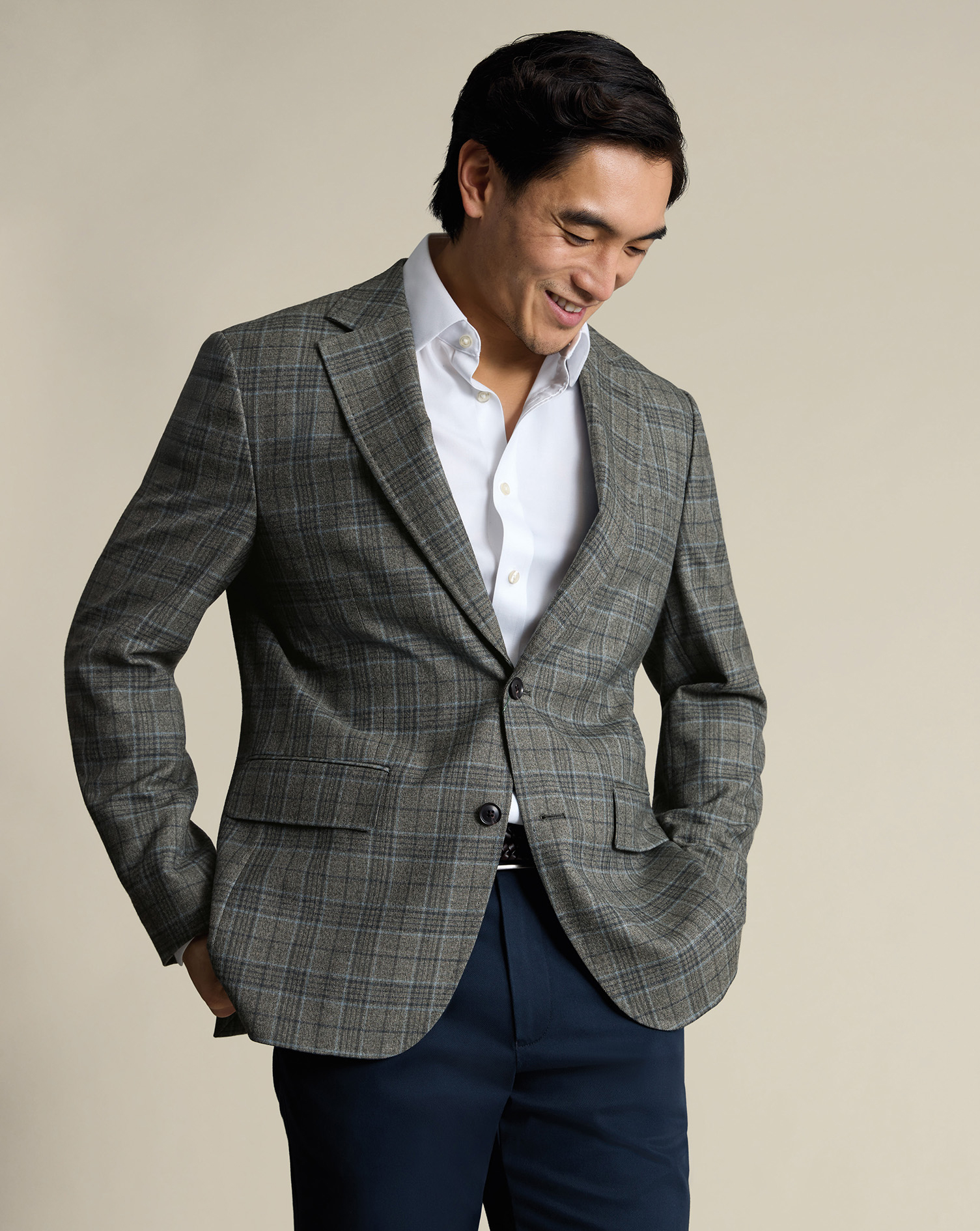 Lightweight Wool Texture Prince of Wales Check Jacket – Olive
