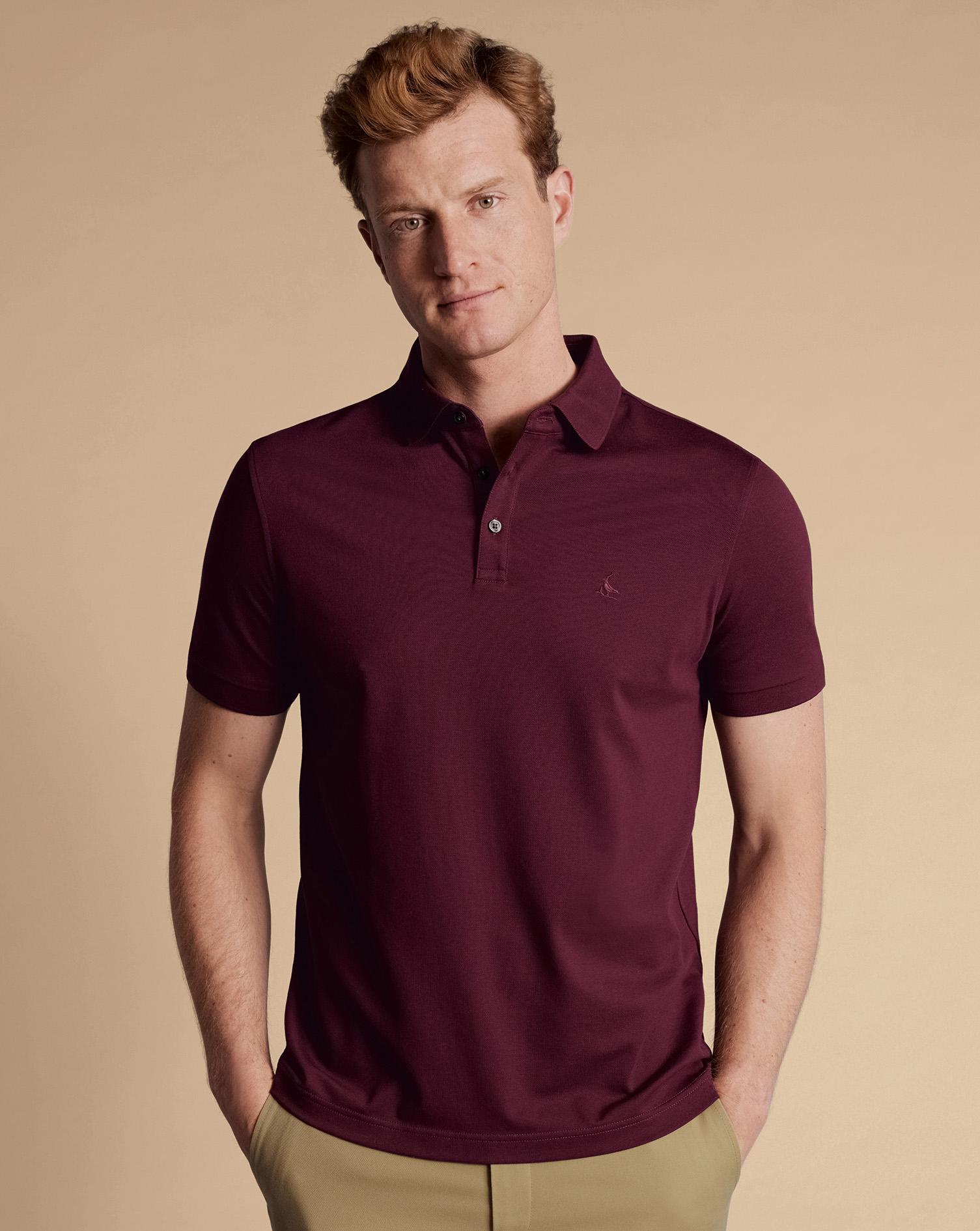 Men's Charles Tyrwhitt Pique Polo Shirt - Wine Red Size Medium Cotton
