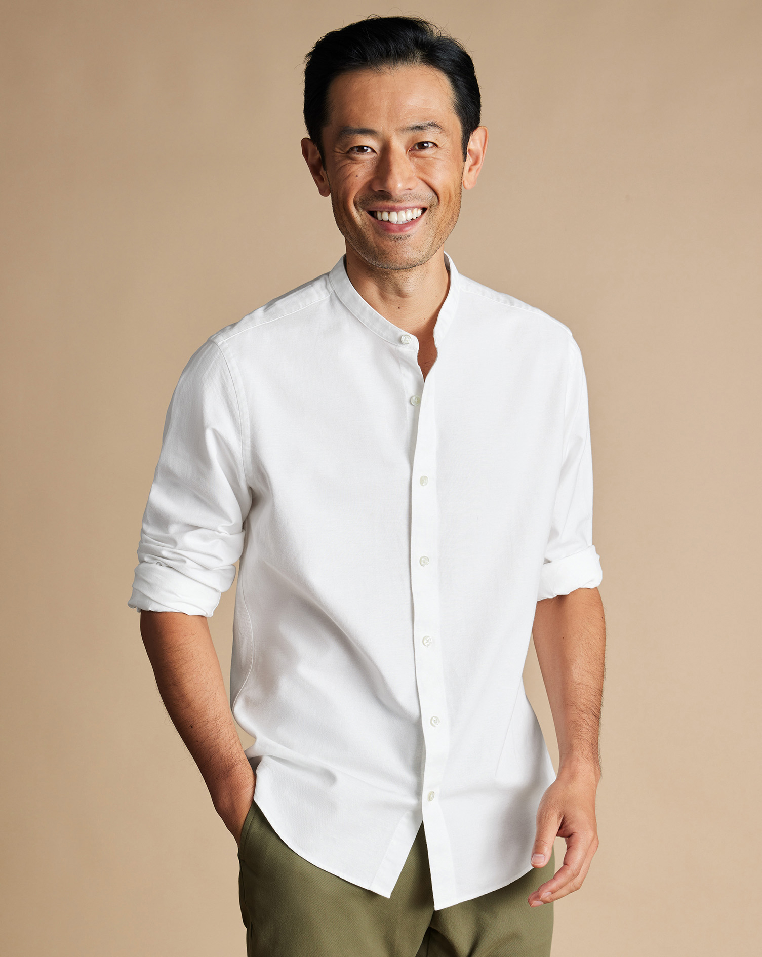 Men's Charles Tyrwhitt Collarless Casual Shirt - White Single Cuff Size Large Cotton/Linen
