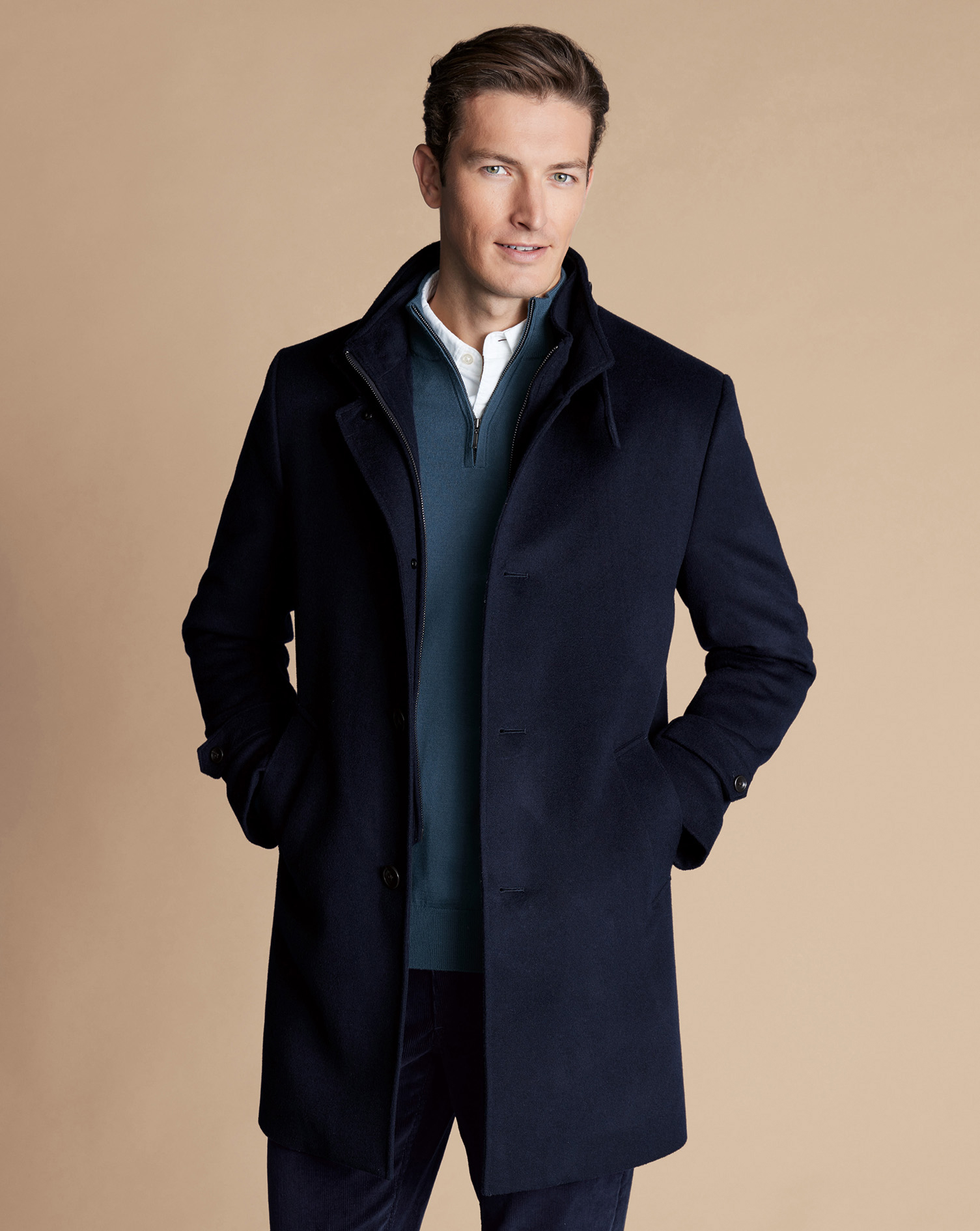 Men's Charles Tyrwhitt Funnel Neck Overna coat - Navy Blue Size 48R Wool

