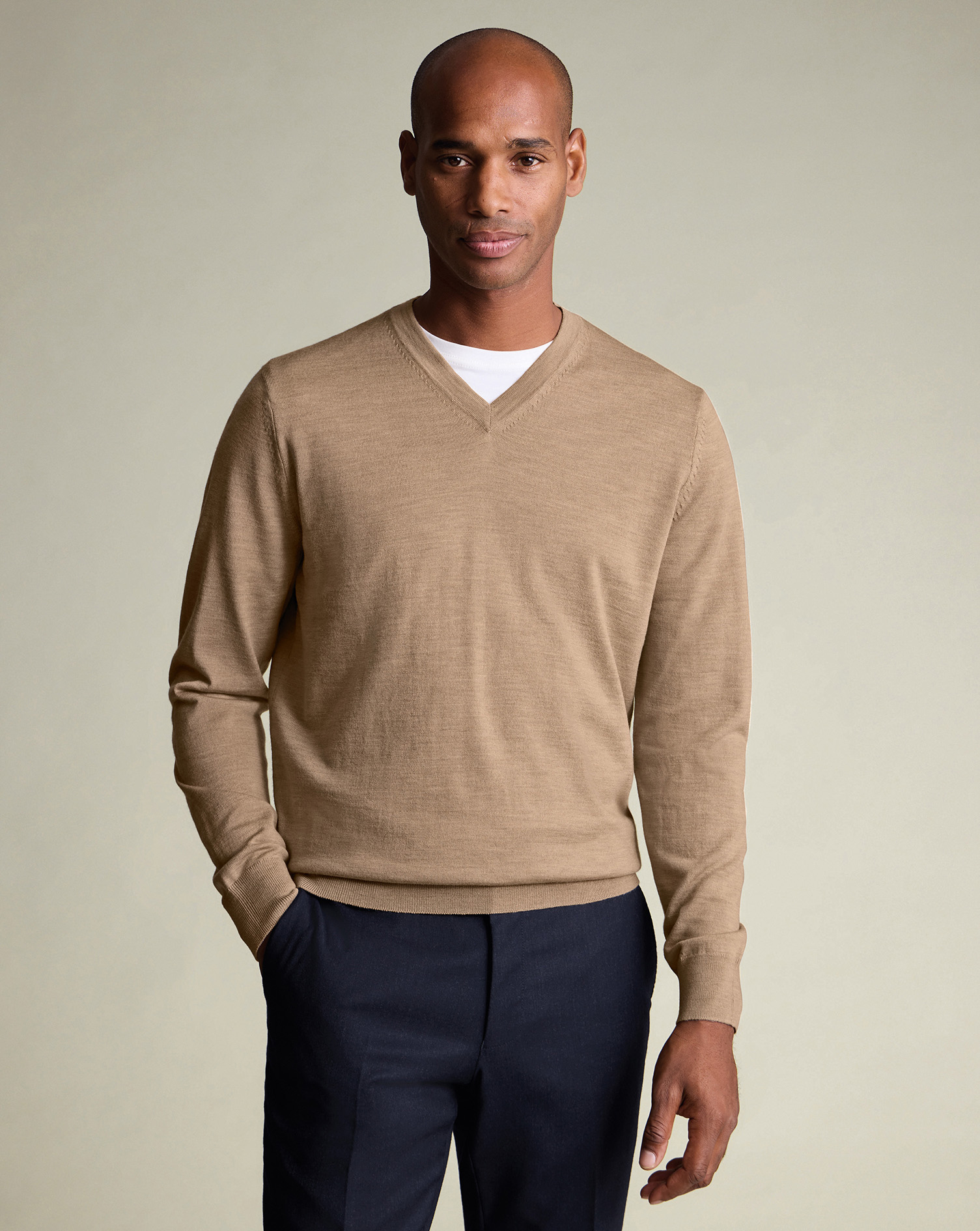 Men's Charles Tyrwhitt Pure Merino V-Neck Sweater - Oatmeal Neutral Size XXL Merino Wool
