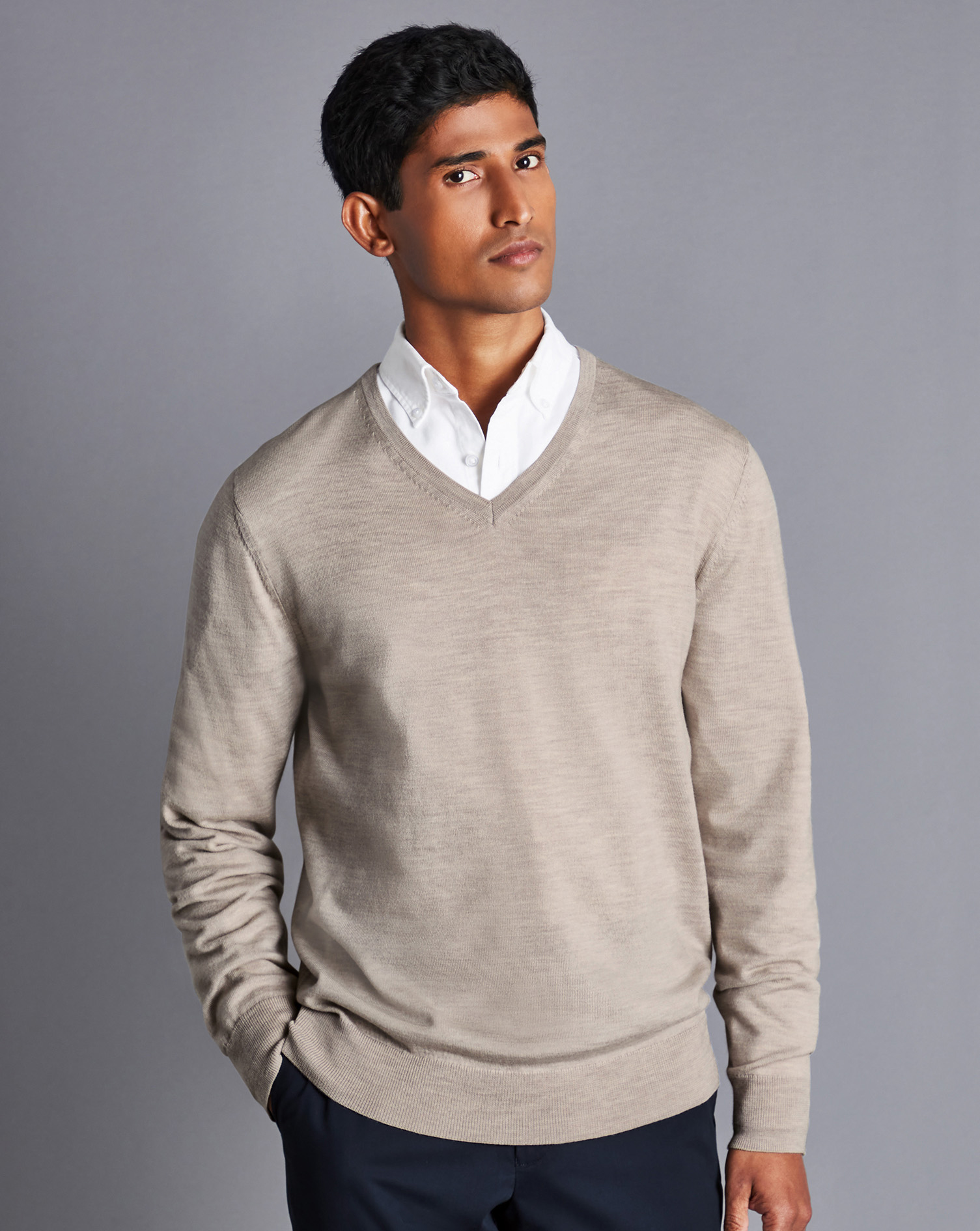 Men's Charles Tyrwhitt Merino V-Neck Sweater - Limestone Neutral Size Large Wool
