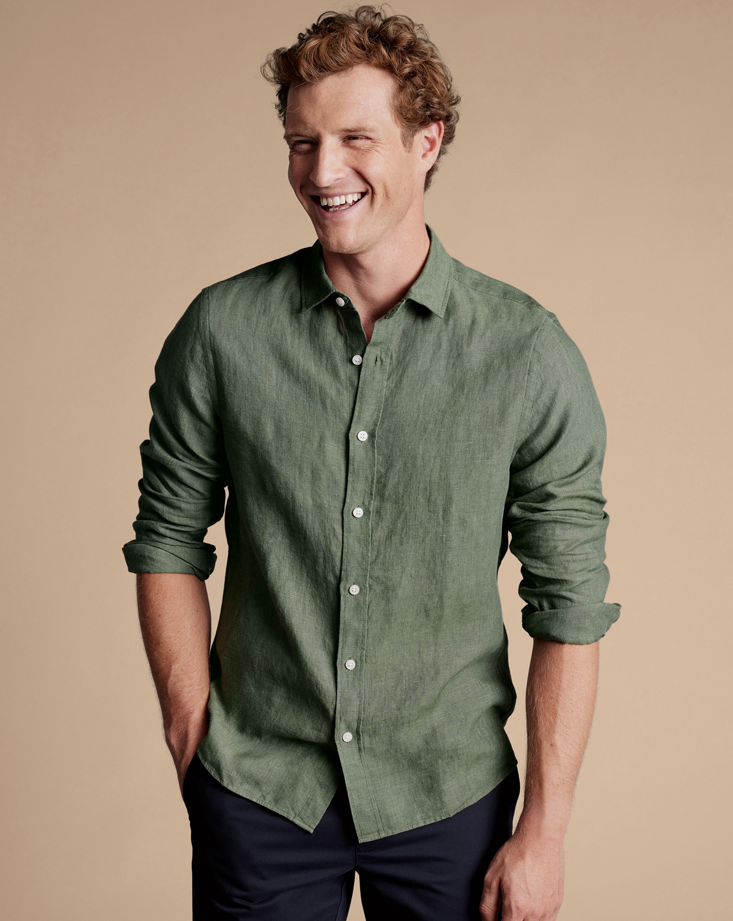 Men's Charles Tyrwhitt Pure Casual Shirt - Olive Green Single Cuff Size XXL Linen
