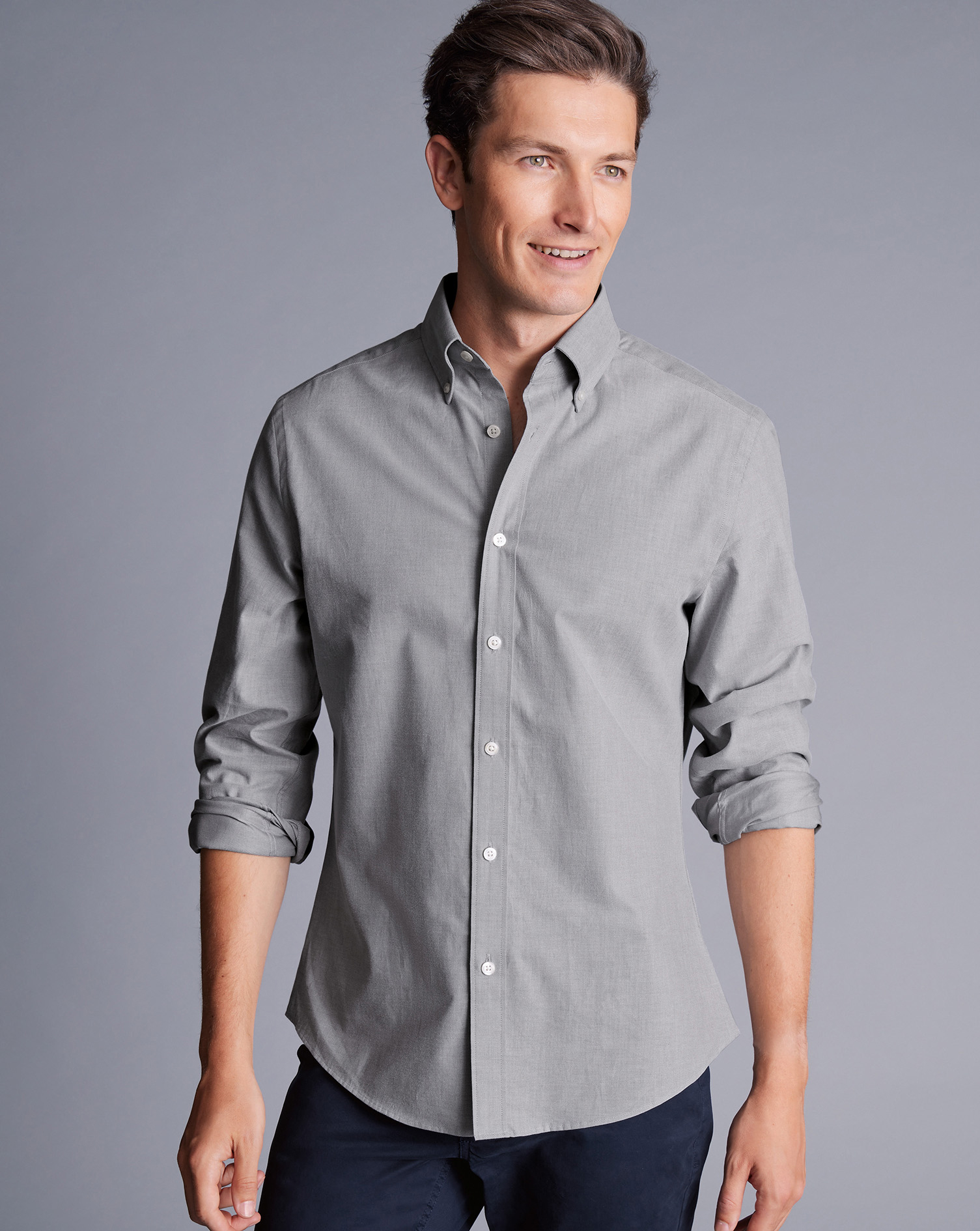 Men's Band Collar Button Down Shirt In Cement Gray 100% Cotton