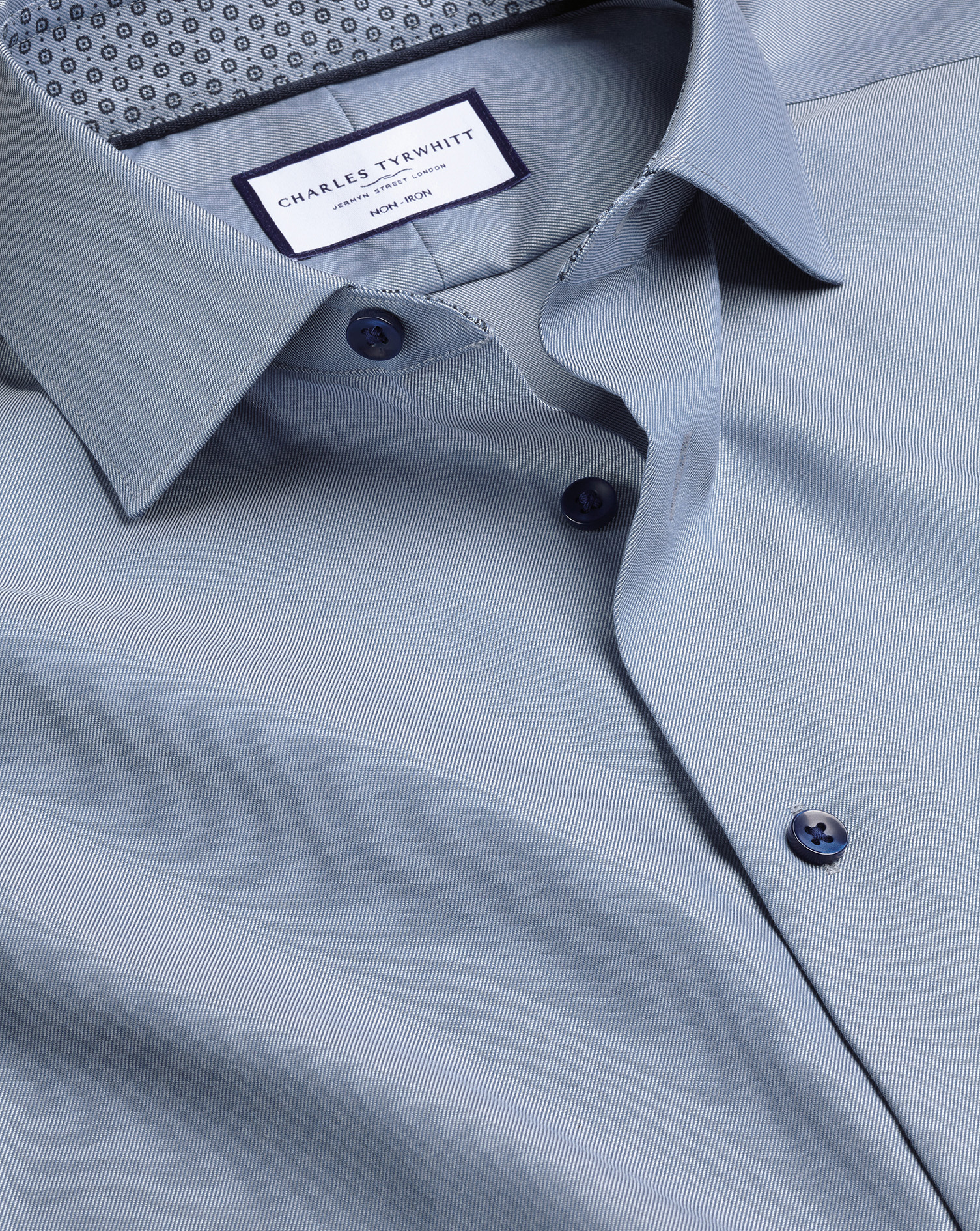 Men's Charles Tyrwhitt Semi-Cutaway Collar Non-Iron Twill Dress Shirt With Printed Trim - Steel Blue