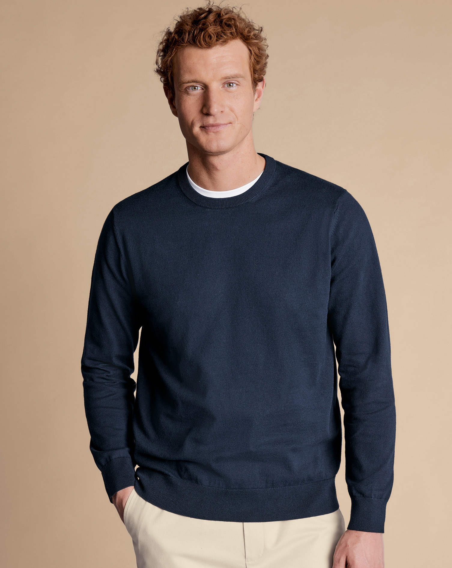 Men's Charles Tyrwhitt Combed Crew Neck Sweater - Dark Navy Blue Size Large Cotton
