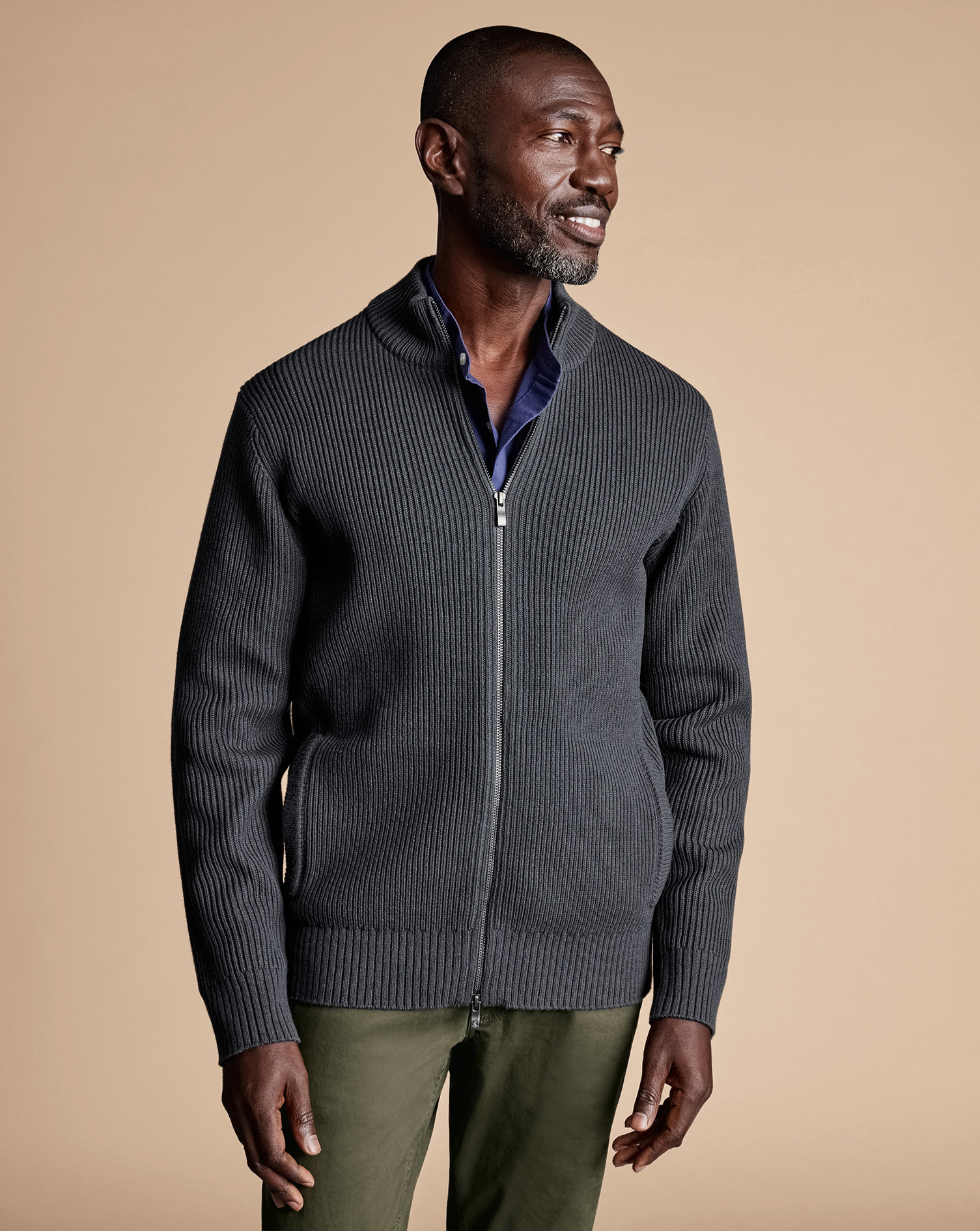Men's Charles Tyrwhitt Chunky Zip Funnel Neck Cardigan - Slate Grey Size XXXL Wool
