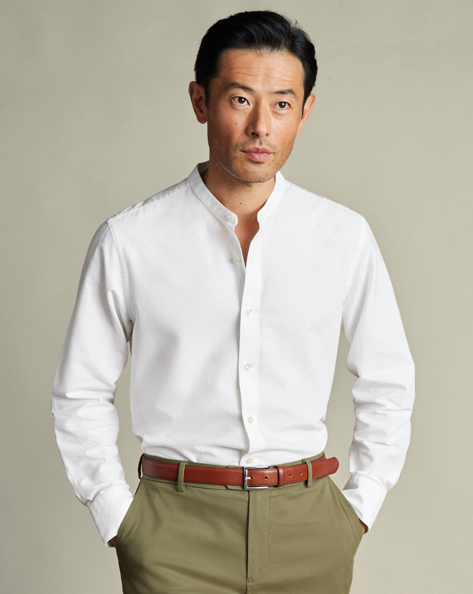 トップス ORGUEIL Collarless Shirt OR-5068A Collarless Cotton Linen Shirt - White | Charles Tyrwhitt CA
