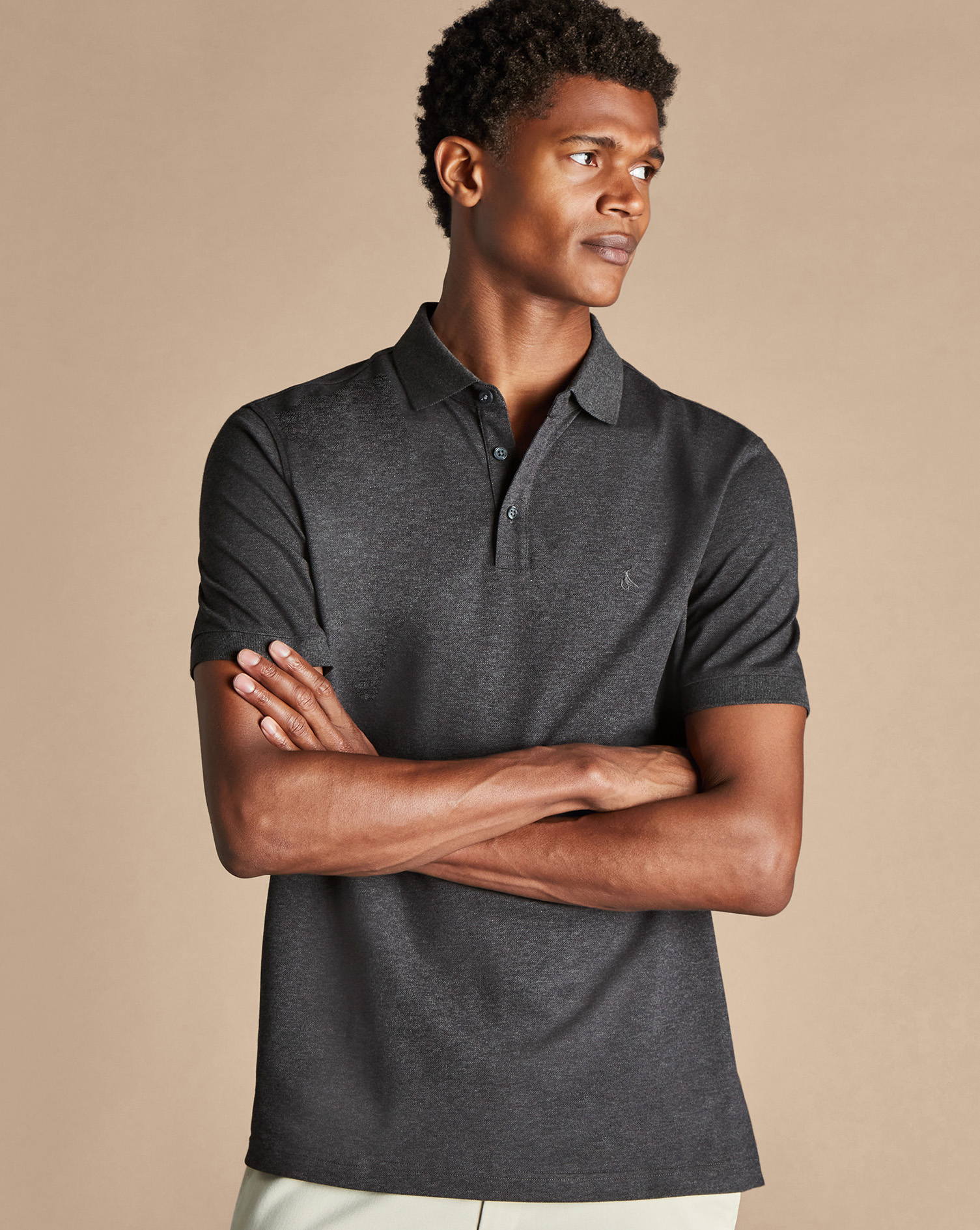 Men's Charles Tyrwhitt Pique Polo Shirt - Dark Grey Marl Size Medium Cotton

