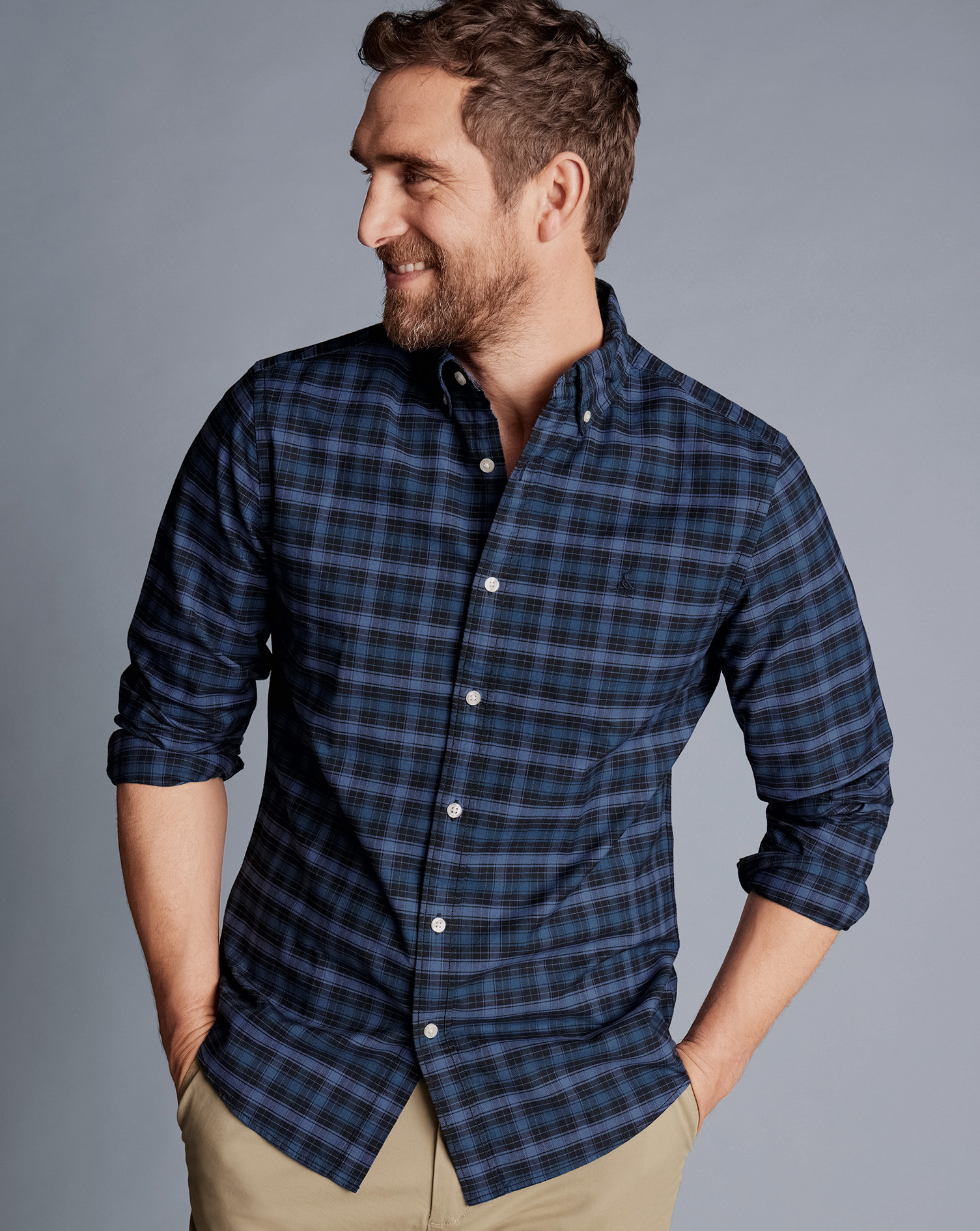 Men's Charles Tyrwhitt Button-Down Collar Washed Oxford Check Casual Shirt - Indigo Blue Size XL Cot