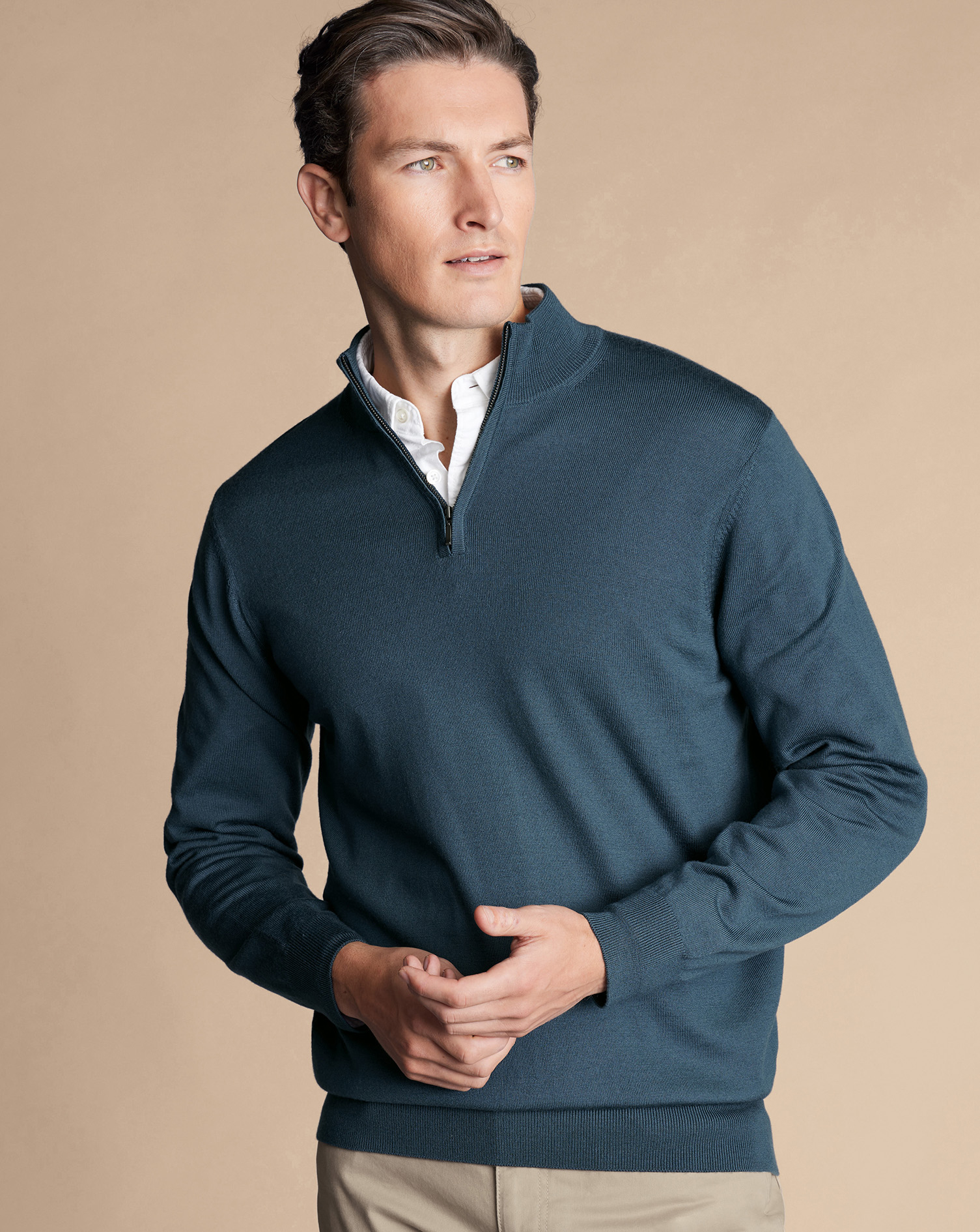 Men's Charles Tyrwhitt Merino Zip Neck Sweater - Petrol Blue Size Large Wool
