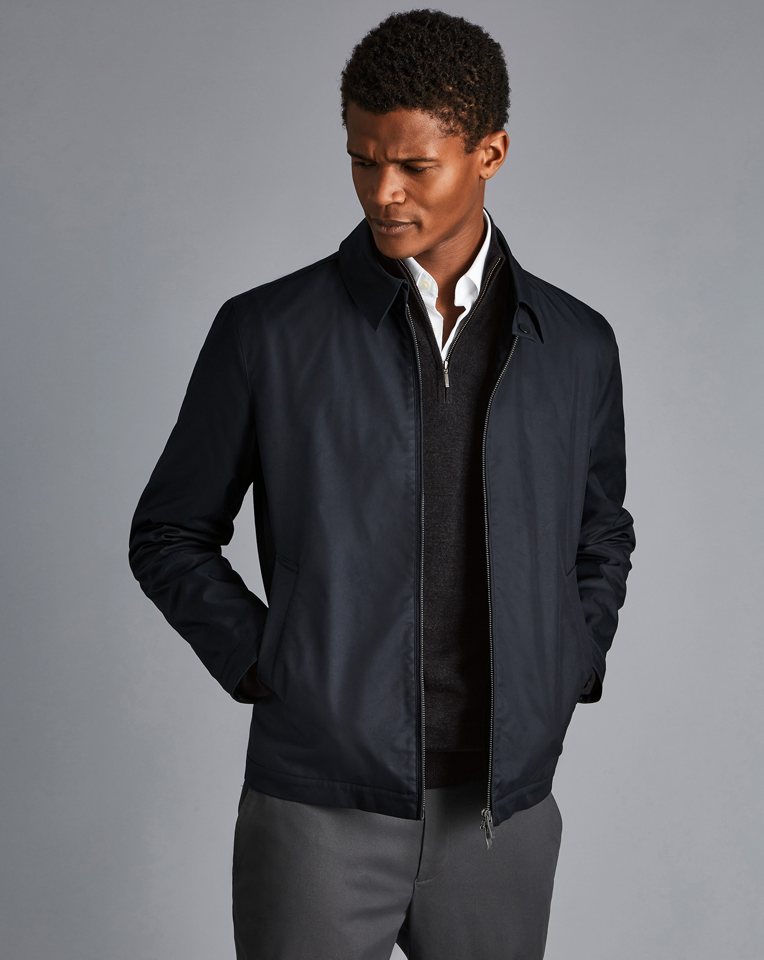 Men's Charles Tyrwhitt Fall Collar Harrington Long Sleeve Jacket - Navy Blue Size XL Cotton Mix
