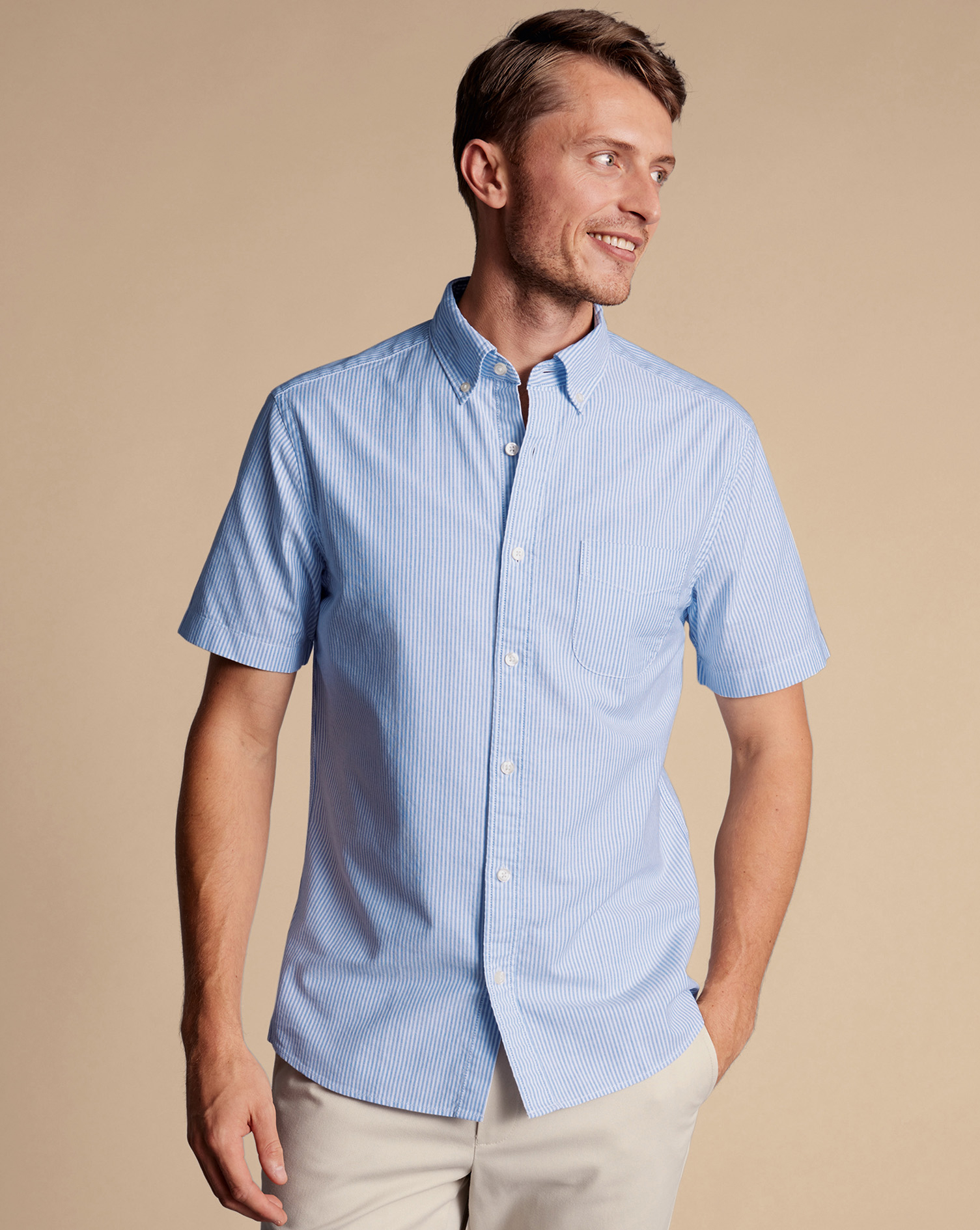 Men's Charles Tyrwhitt Button-Down Collar Stretch Washed Oxford Stripe Short Sleeve Casual Shirt - O