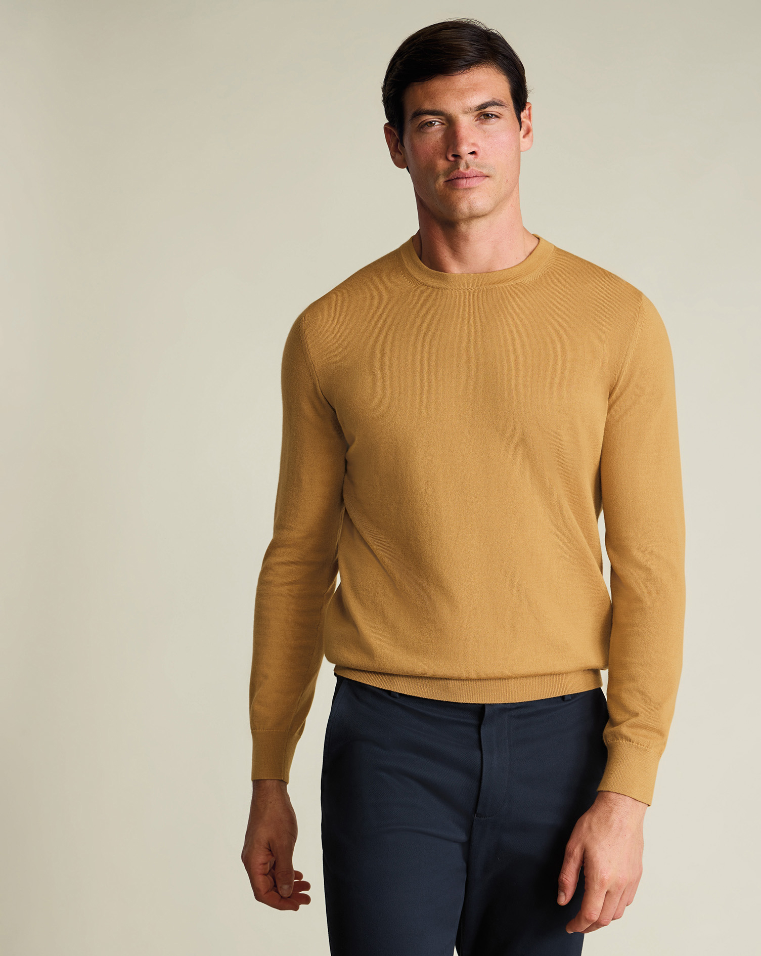 Men's Pure Merino Crew Neck Wool Jumper - Camel Brown, Small by Charles Tyrwhitt