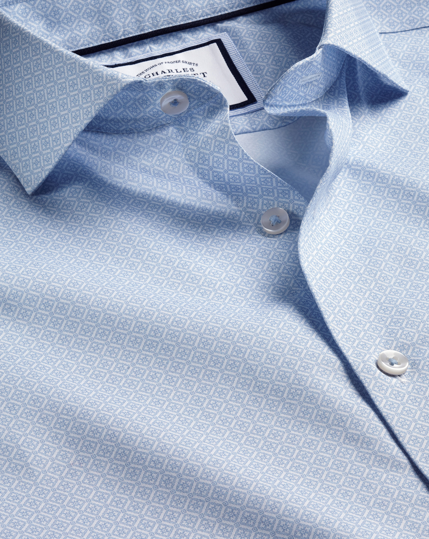 Men's Charles Tyrwhitt Semi-Cutaway Collar Non-Iron Decorative Print Shirt - Sky Blue Single Cuff Si