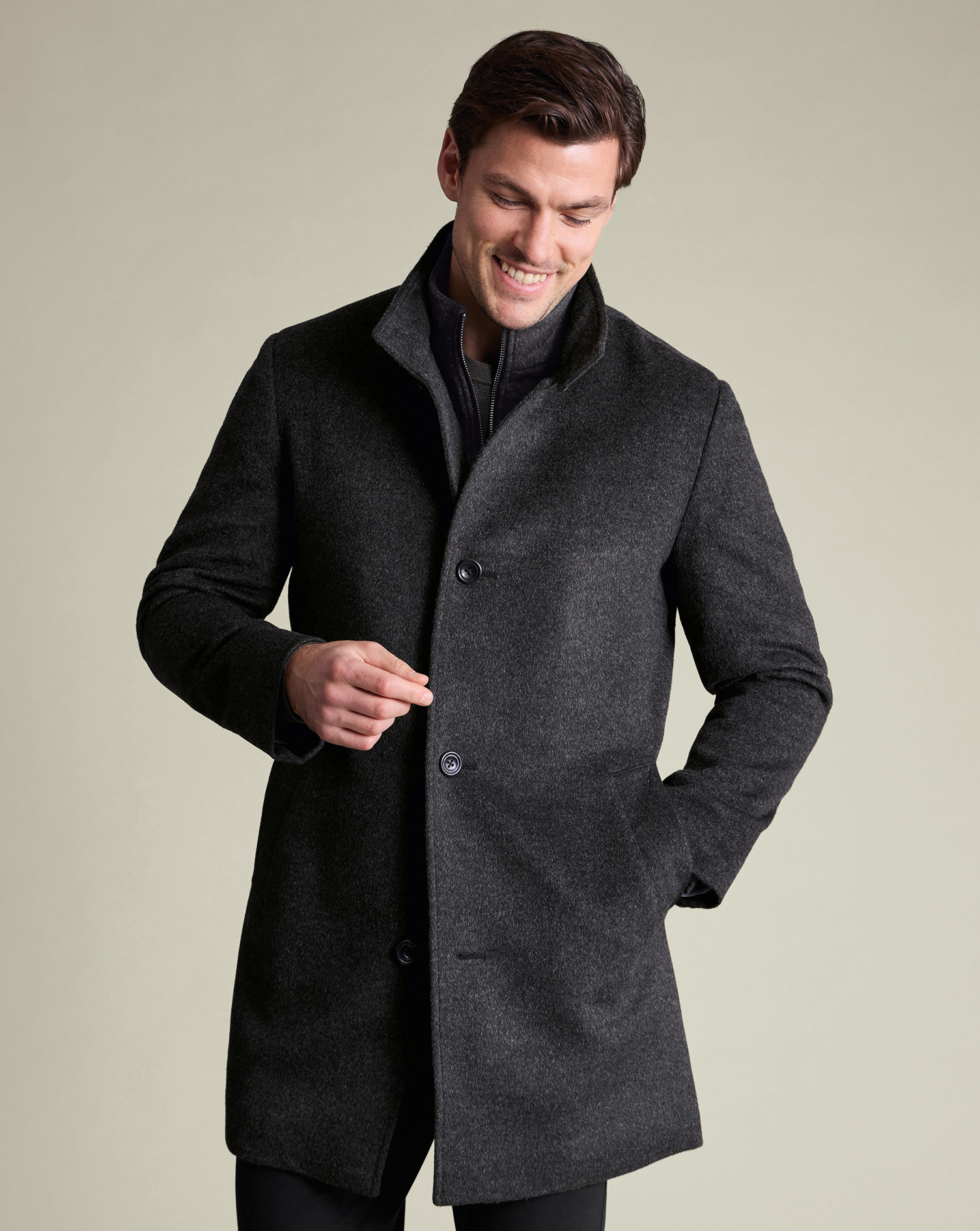 Pure Wool Funnel Neck Overcoat - Charcoal | Charles Tyrwhitt US