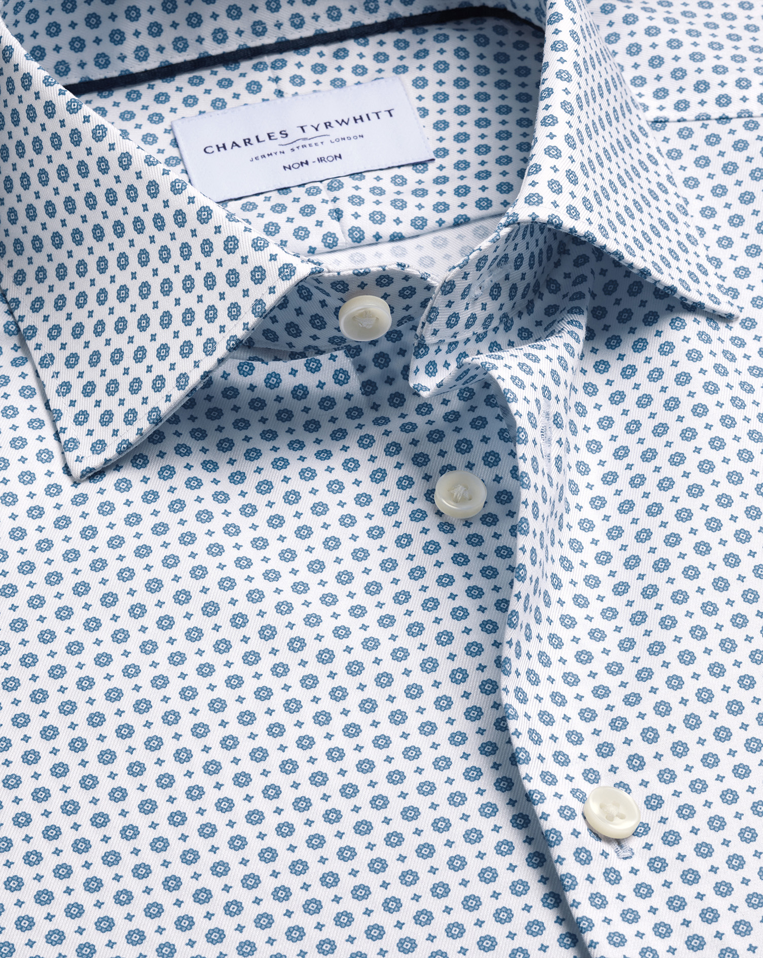 Men's Non-Iron Stretch Print Cotton Shirt - White & Blue Single Cuff, 16/35 by Charles Tyrwhitt