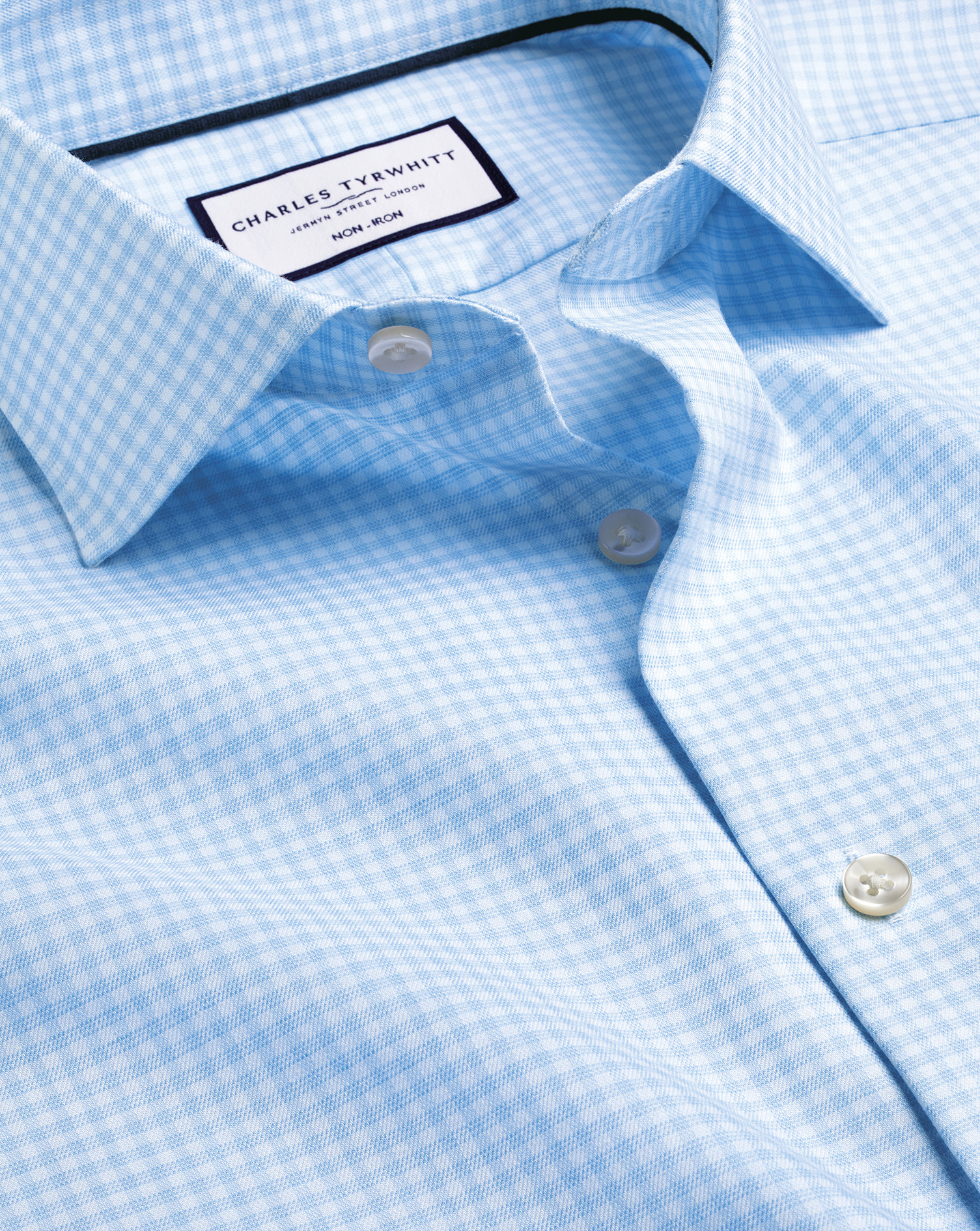 Men's Charles Tyrwhitt Semi-Cutaway Non-Iron Linen Dress Shirt Check - Sky Blue Single Cuff Size Lar