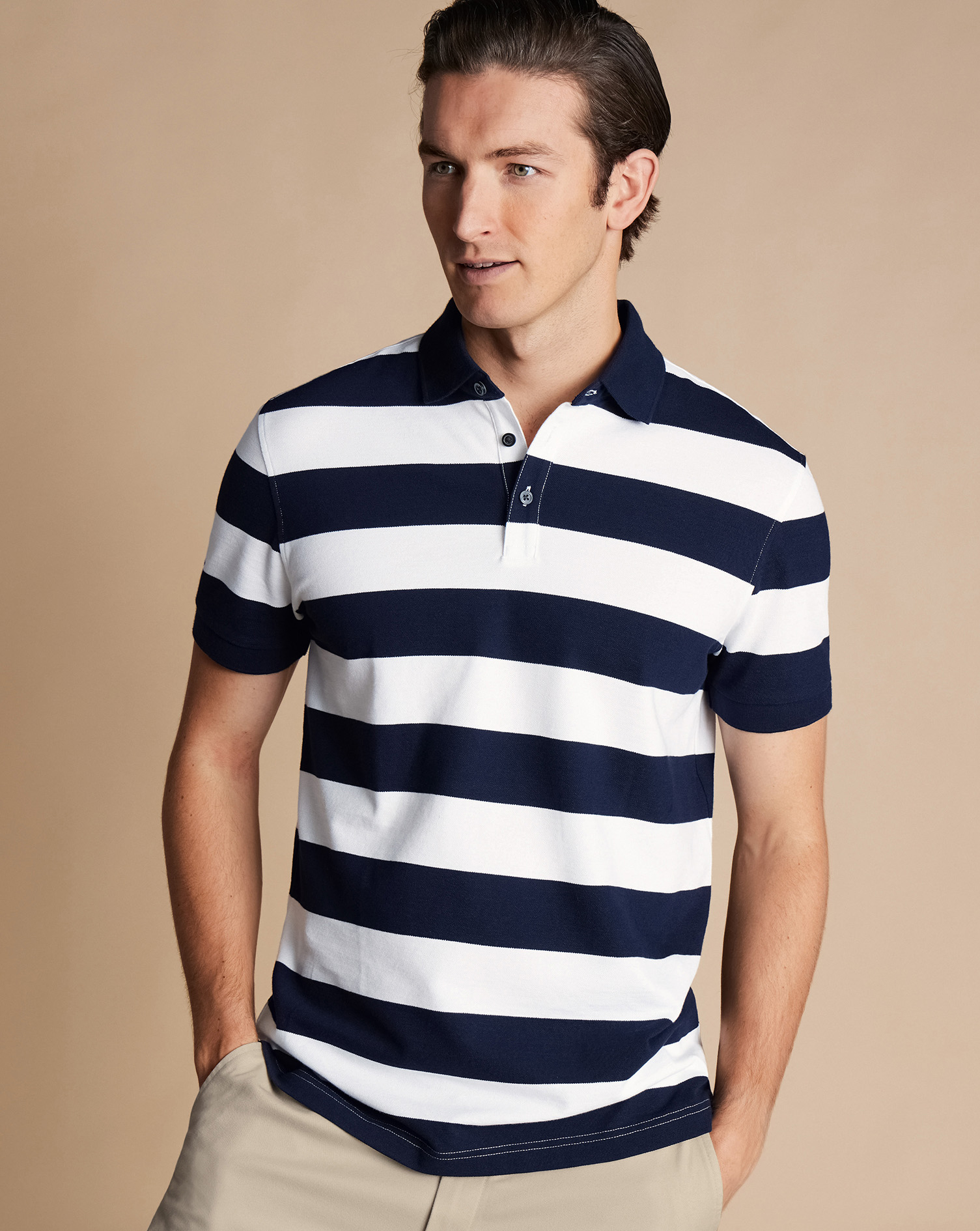 Men's Charles Tyrwhitt Pique Polo Shirt Block Stripe - Navy & White Blue Size Large Cotton
