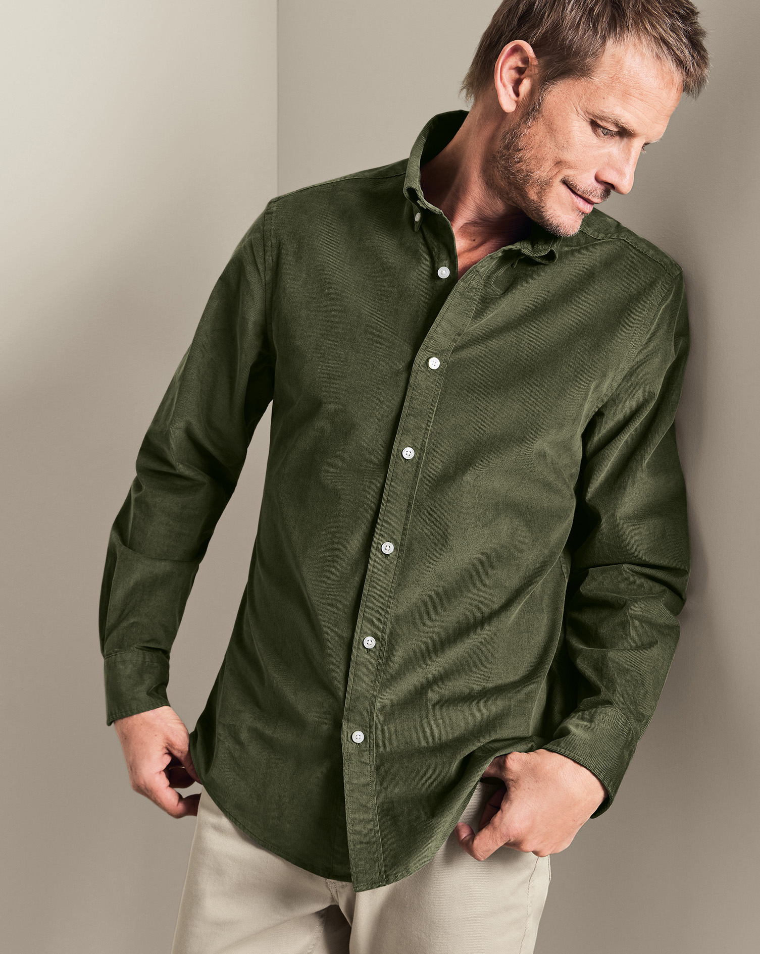 Men's Corduroy Stretch Cotton Shirt - Olive Green, Medium by Charles Tyrwhitt