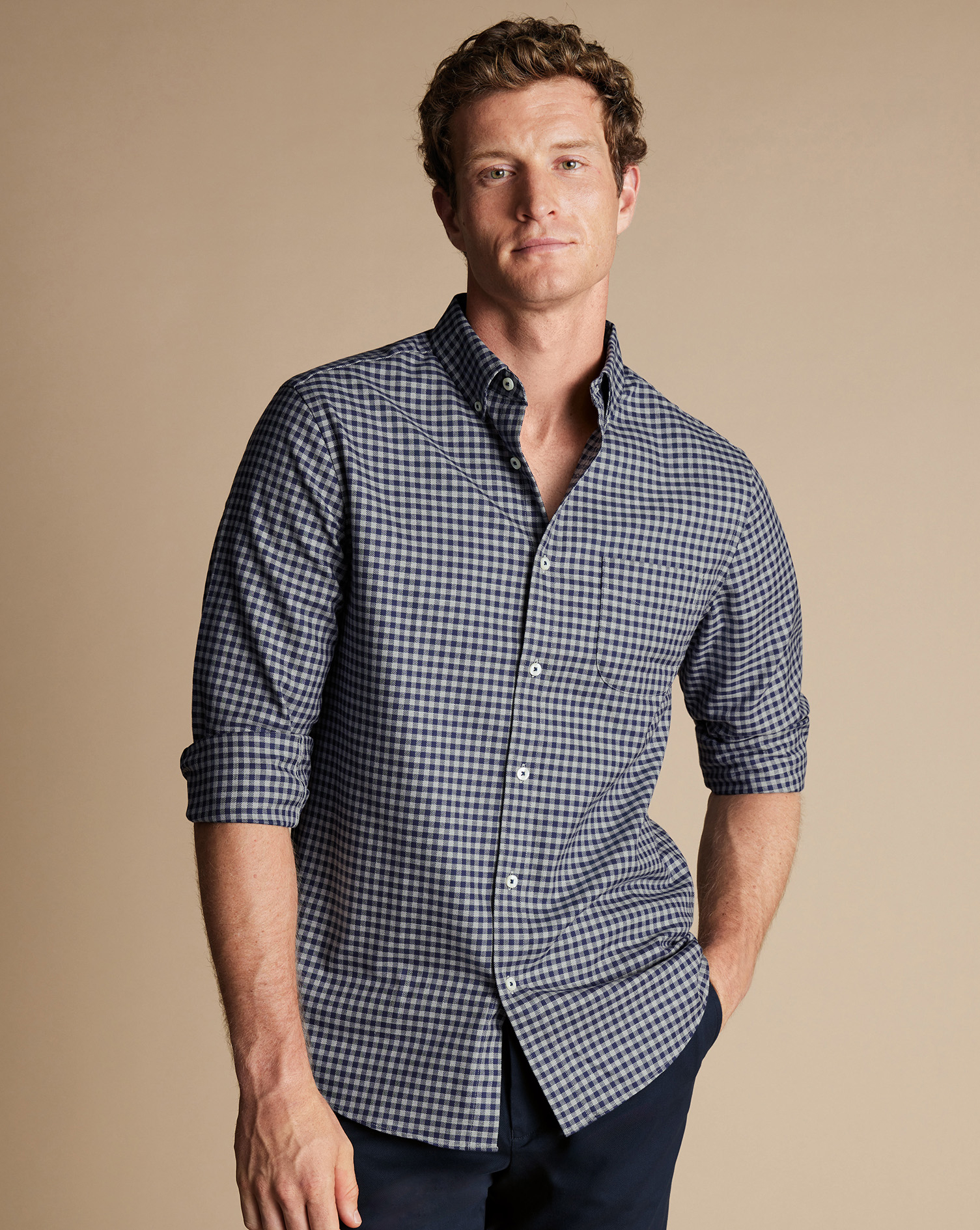 Men's Charles Tyrwhitt Button-Down Collar Non-Iron Twill Gingham Casual Shirt - Grey Size Large Cott