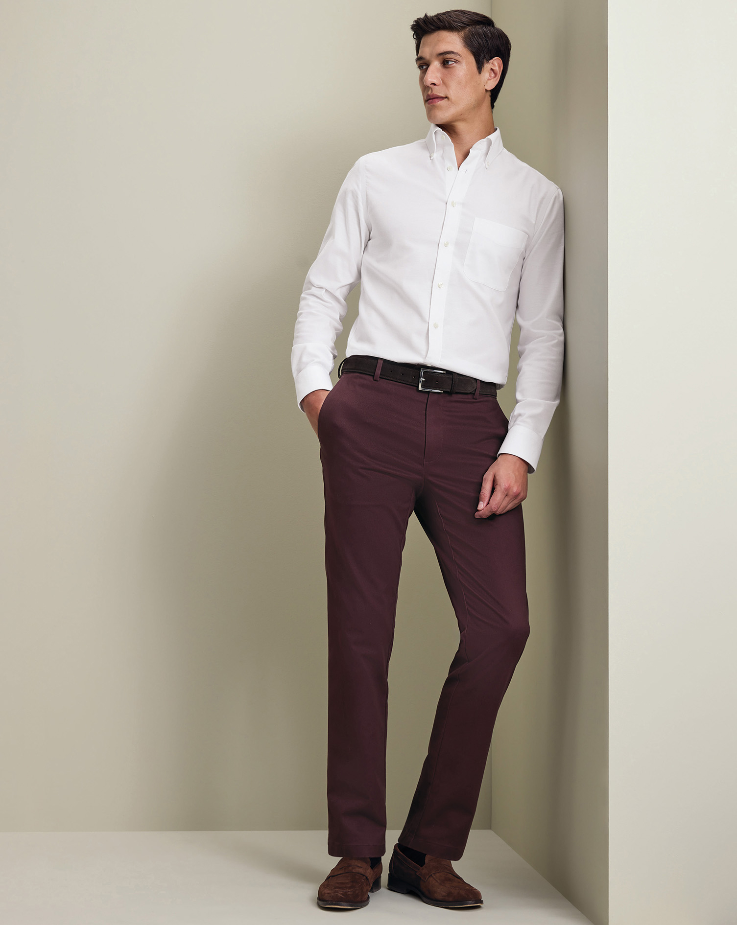 Men's Charles Tyrwhitt Ultimate Non-Iron Chino Pants - Burgundy Red Size W34 L32 Cotton