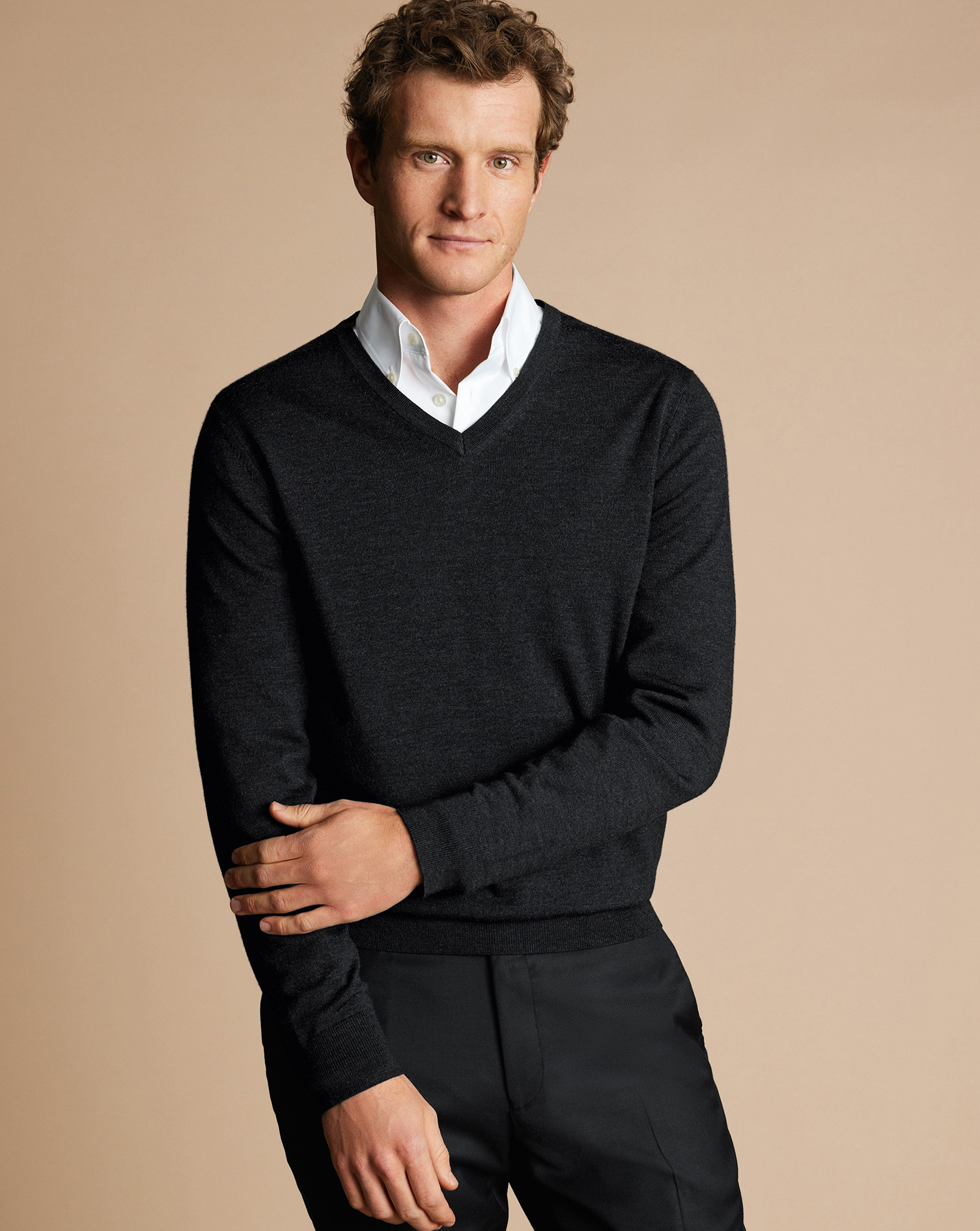 Men's Charles Tyrwhitt V-Neck Sweater - Charcoal Grey Size Small Merino
