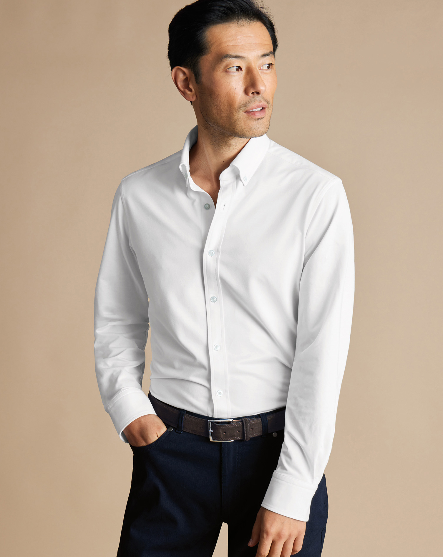 Men's 4-Way Stretch Jersey Cotton Shirt - White, XL by Charles Tyrwhitt ...