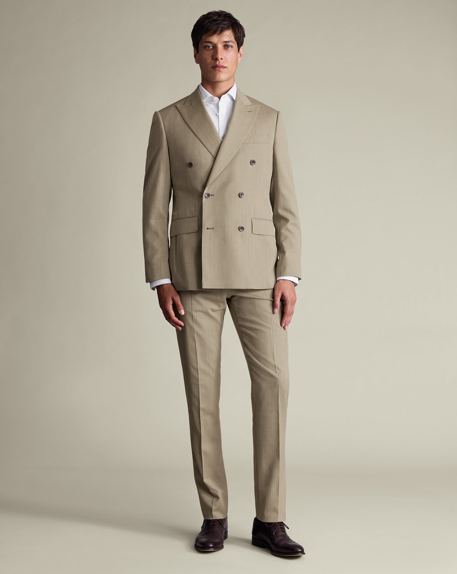 Double Breasted Ultimate Performance Herringbone Suit - Stone&nbsp;