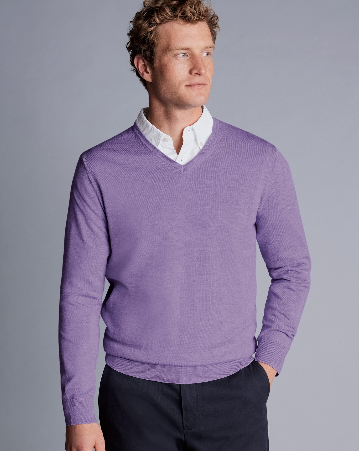 Men's Charles Tyrwhitt Merino V-Neck Sweater - Lavender Purple Size Medium Wool
