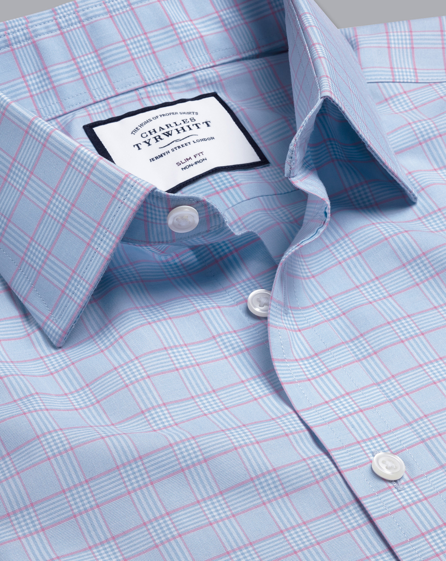 cutaway collar non-iron prince of wales checkered cotton formal shirt - blue & pink single cuff size 14.5/32 by charles tyrwhitt