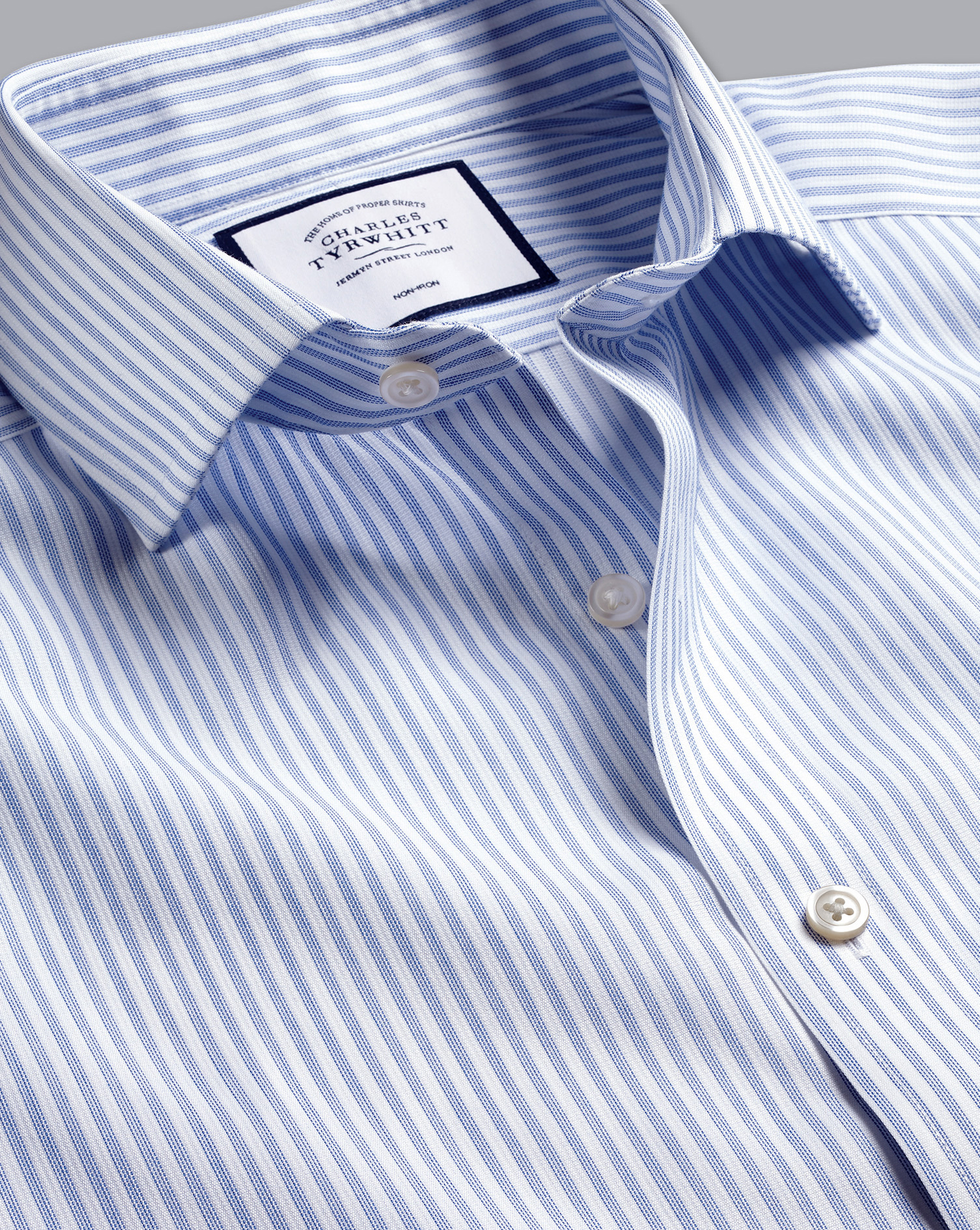 cutaway collar non-iron cotton stretch stripe formal shirt - blue single cuff size 15.5/32 by charles tyrwhitt