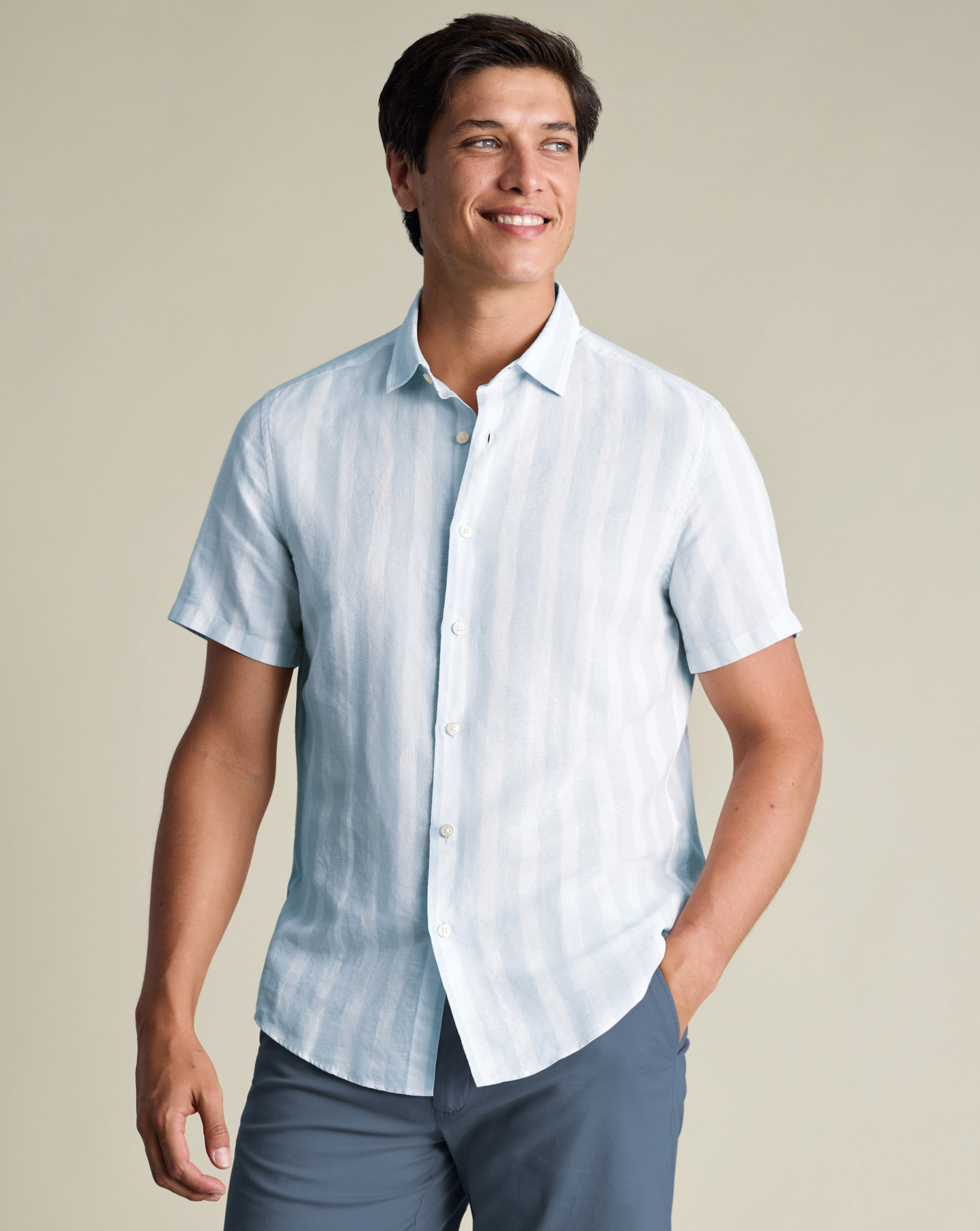 Short Sleeve Cotton Linen Stripe Shirt - Light Blue | Charles