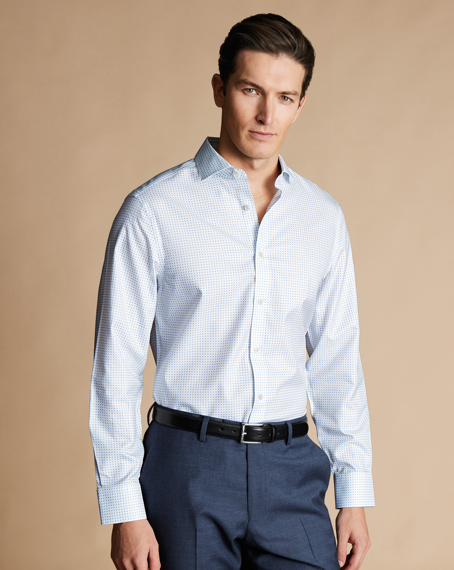 Men's Charles Tyrwhitt Semi-Cutaway Collar Non-Iron Micro Geo Twill Print Shirt - Light Blue Size XS