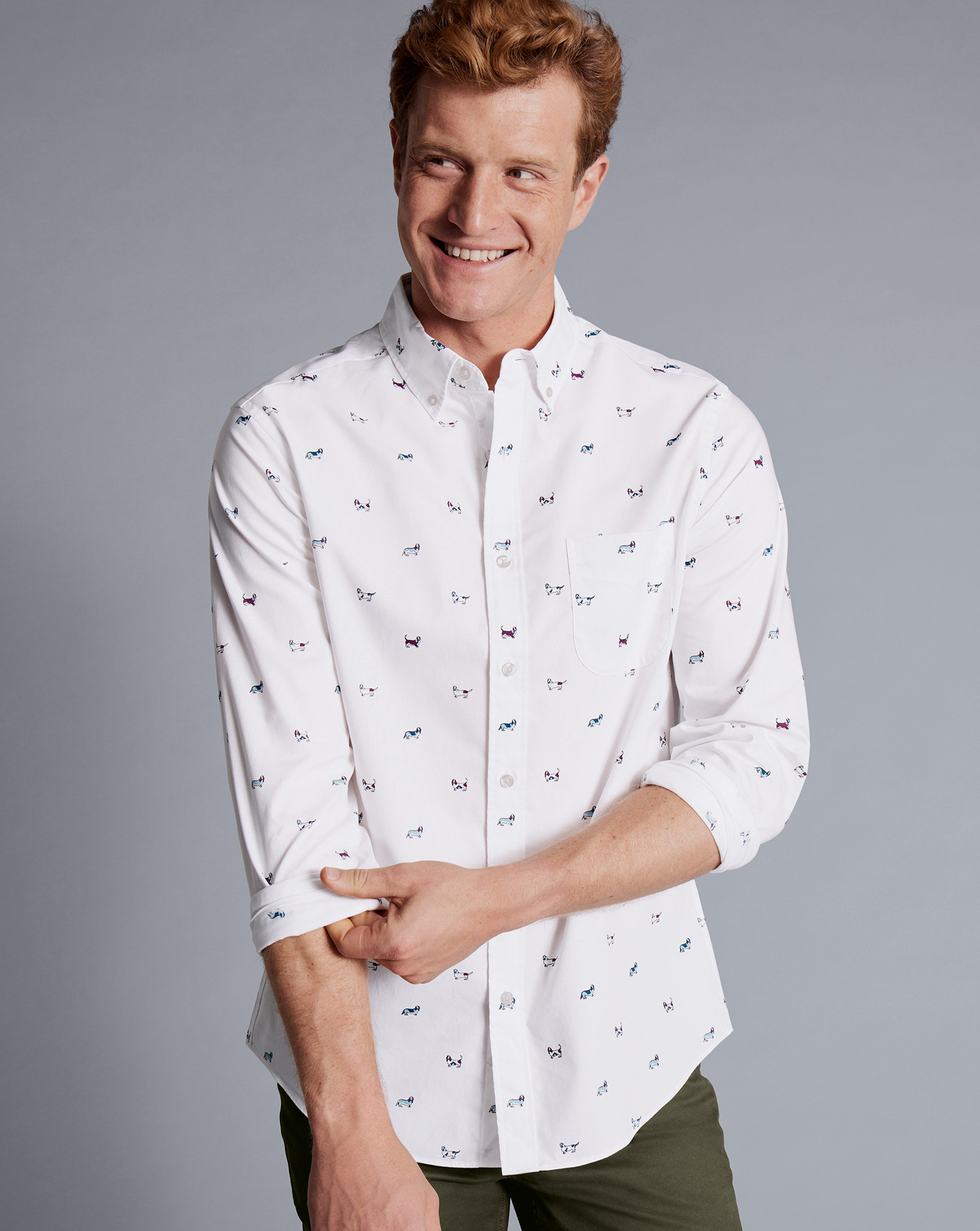 Men's Charles Tyrwhitt Button-Down Collar Non-Iron Hound Print Casual Shirt Size XL Cotton
