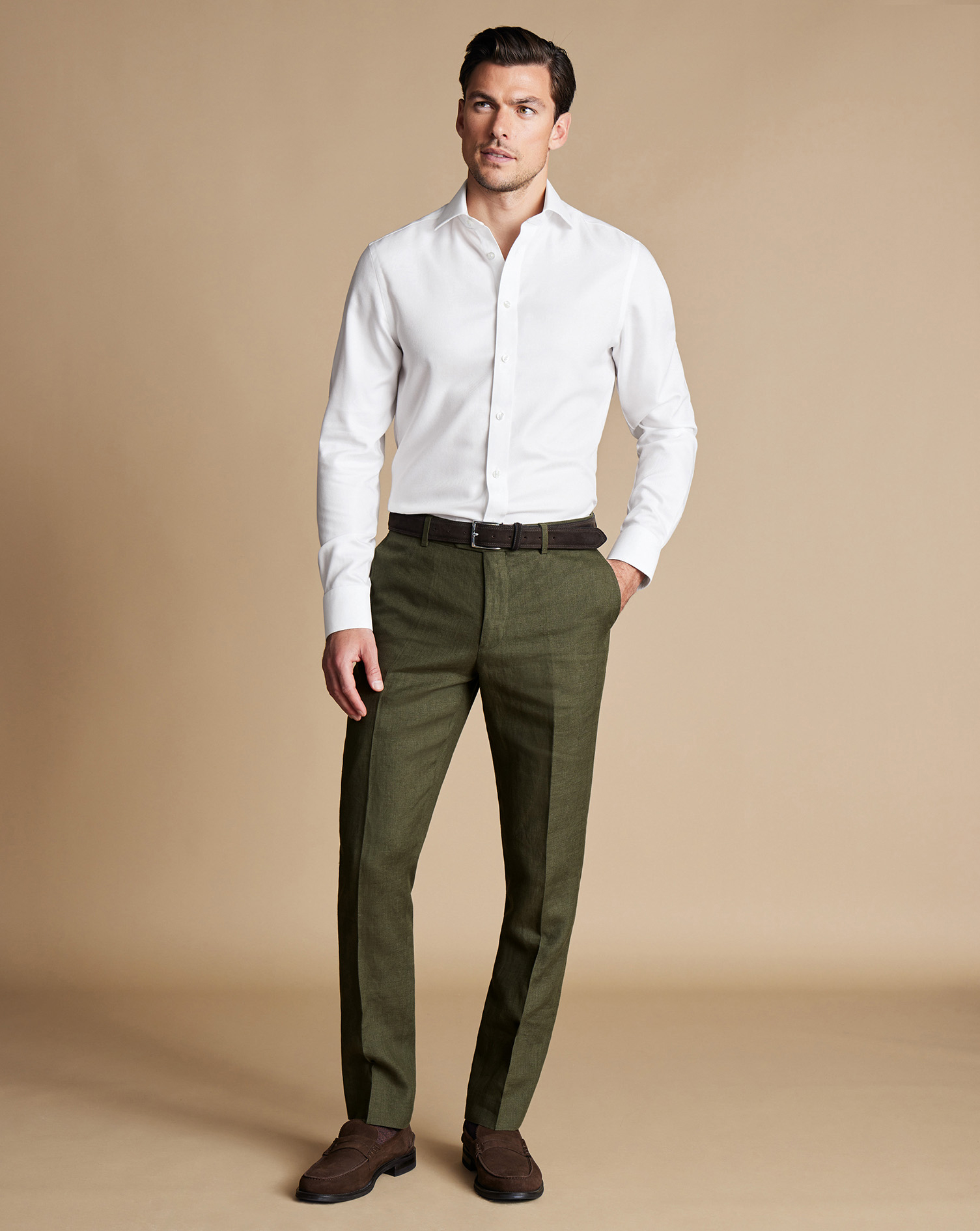 Men's Charles Tyrwhitt Trousers - Olive Green Size W38 L32 Linen
