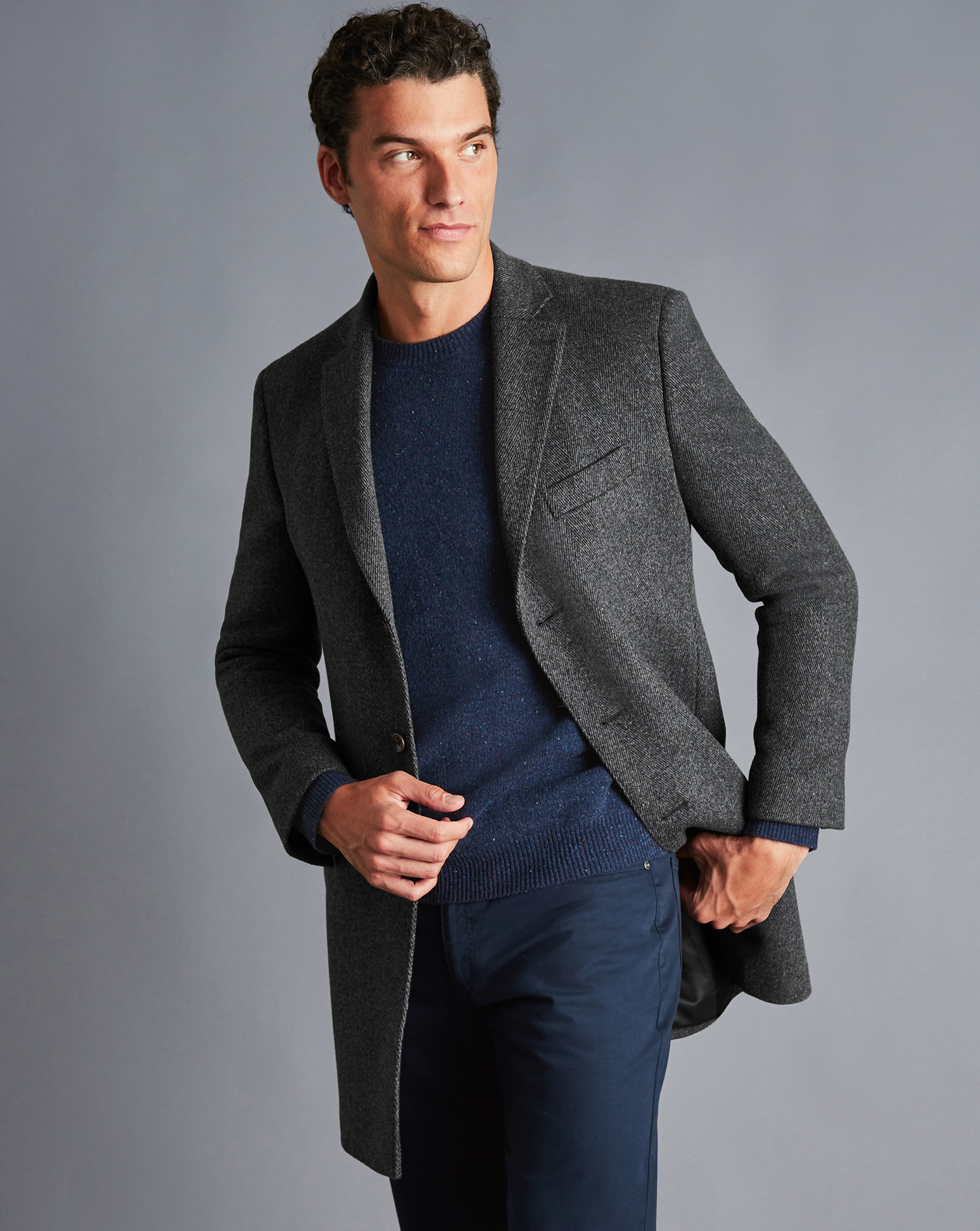 Men's Charles Tyrwhitt Herringbone Over coat - Grey Size 44R Wool
