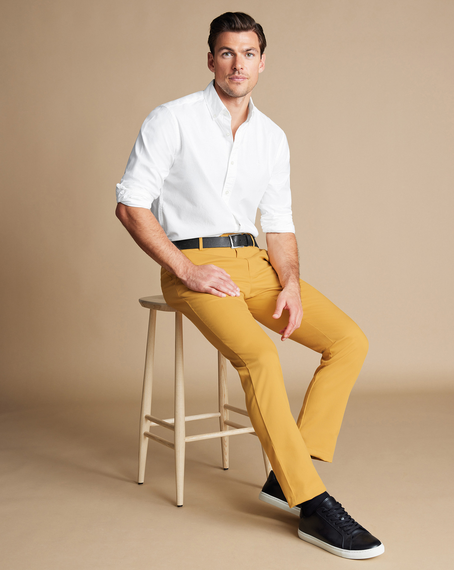 Men's Charles Tyrwhitt Ultimate Non-Iron Chino Pants - Yellow Size W34 L32 Cotton
